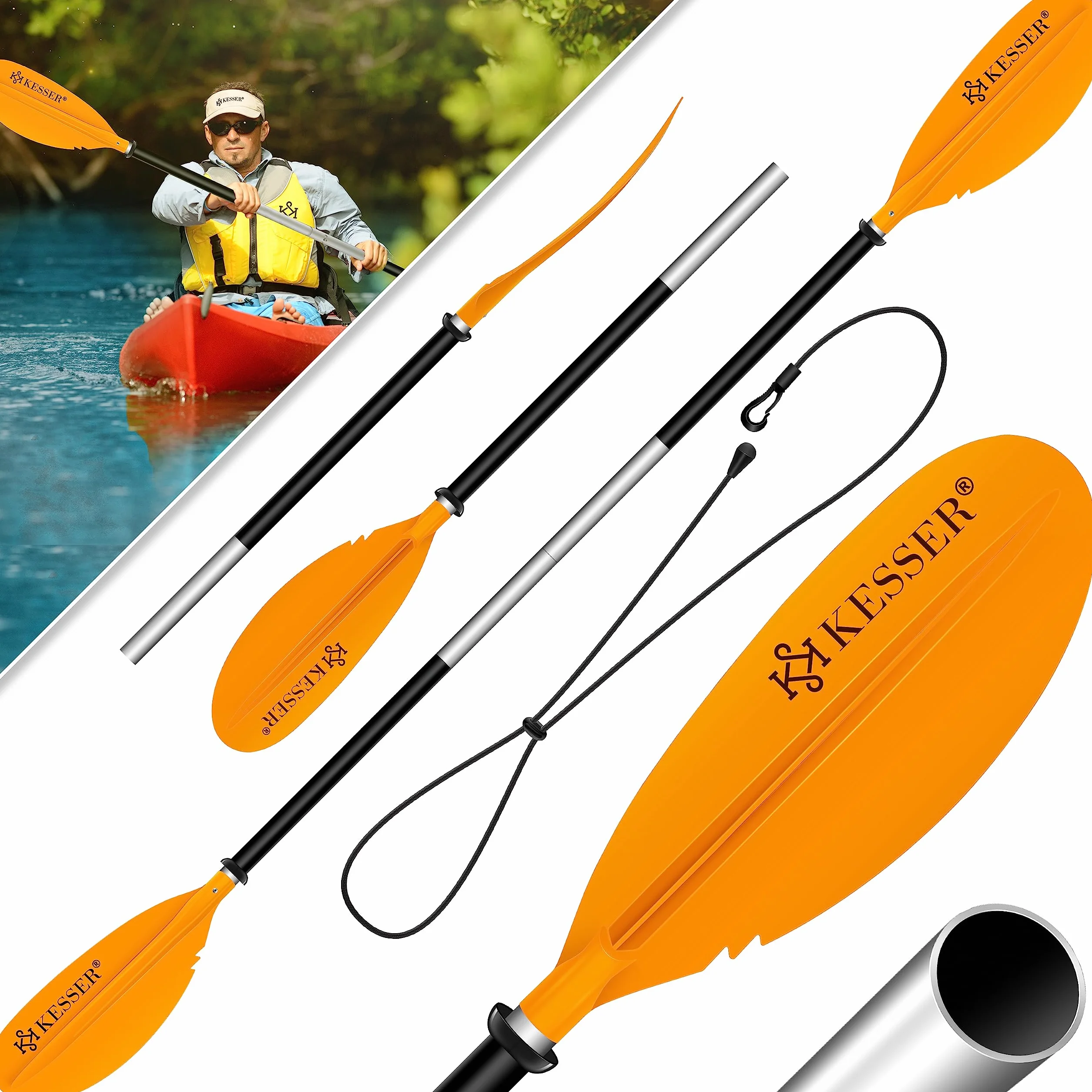 KESSER® Podwójne wiosło – 4-częściowe do kajaka, SUP, SUP, 228 cm, aluminium, super lekkie, do pontonów, kajaków, surfingu, łodzi