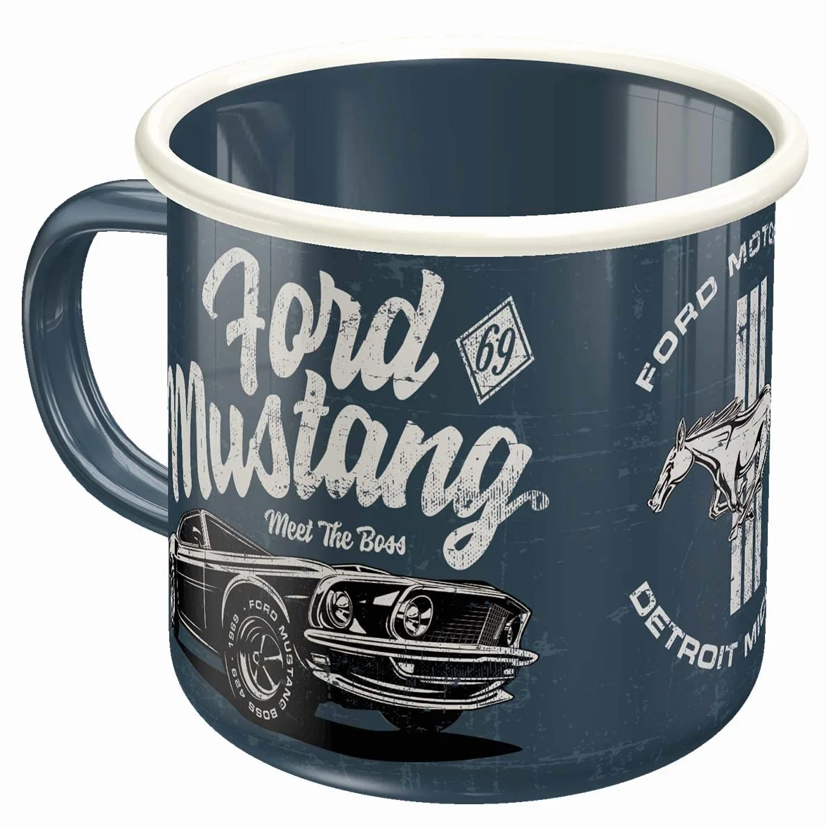 Nostalgic-Art Retro kubek emaliowany, 360 ml, Ford Mustang – The Boss – Pomysł na prezent dla miłośników Forda, Official License Product (OLP), kubek kempingowy na kawę, Styl vintage
