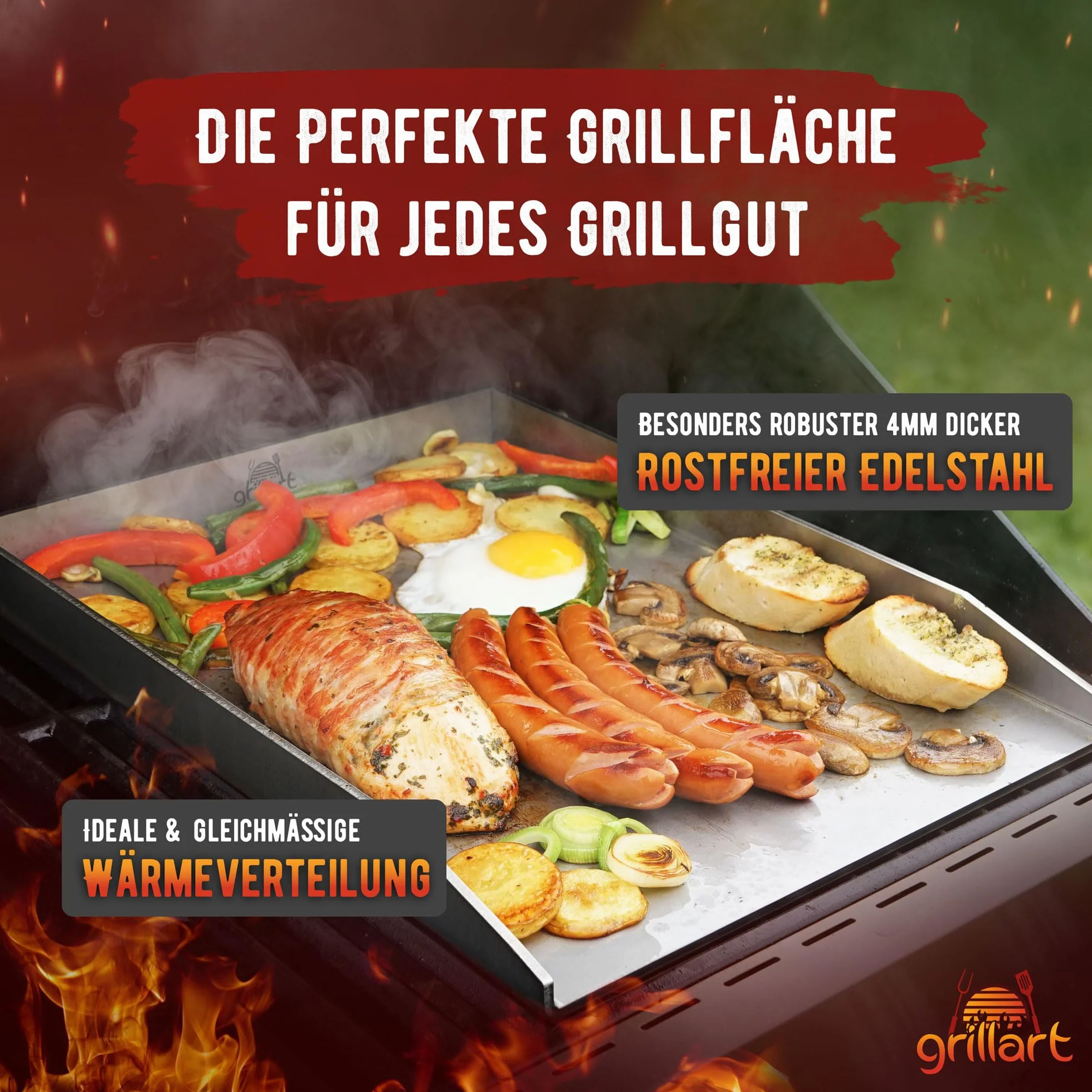 grillart® Premium Plancha grillowa z szpachelką do grilla z masywnej stali nierdzewnej 4 mm, rozmiar uniwersalny 30 x 40 cm, nadaje się do kuchenek indukcyjnych - mycie w