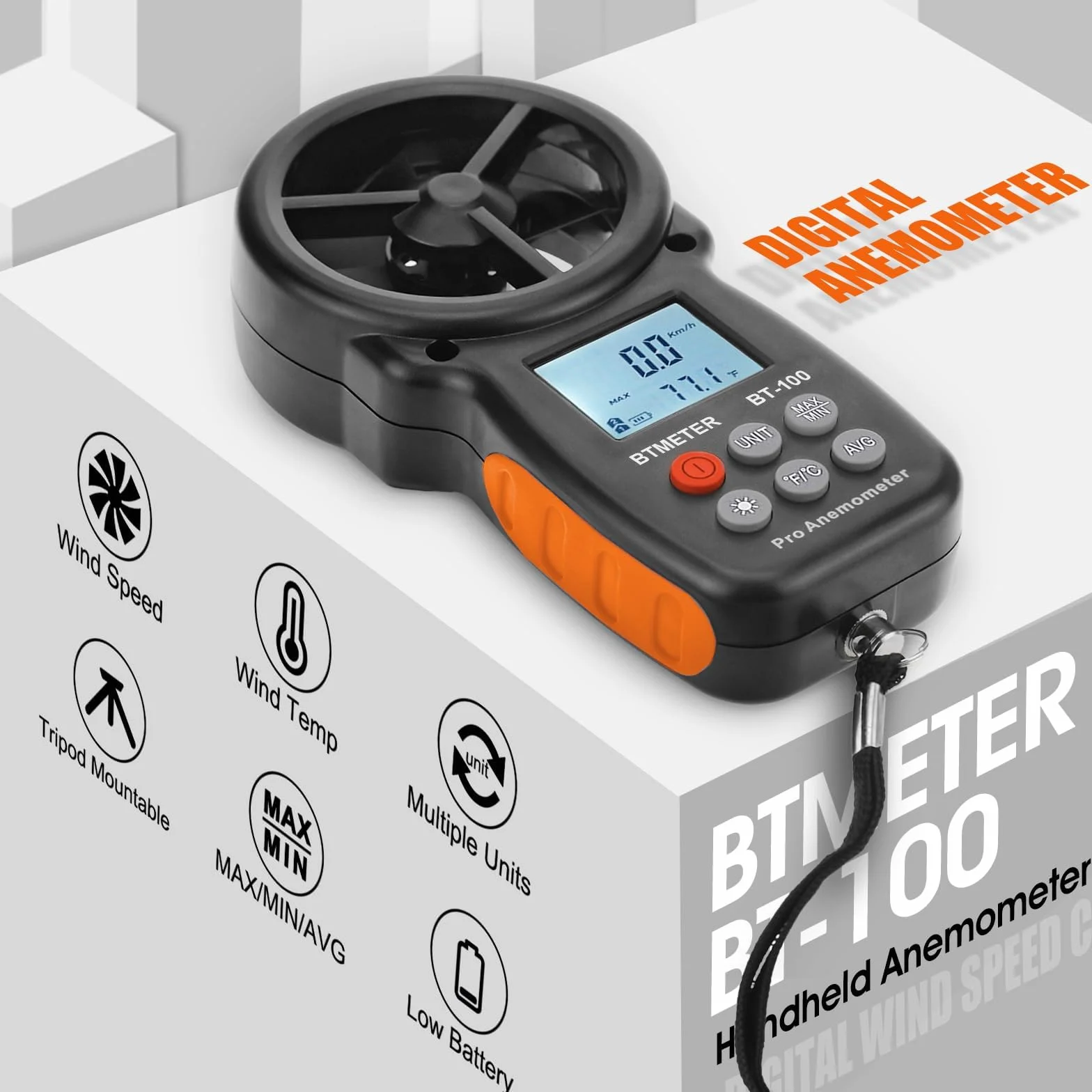 BTMETER BT-100 ręczny anemometr, cyfrowy miernik prędkości wiatru, miernik prędkości przepływu powietrza, tester prędkości przepływu powietrza do strzelania, latania dronem, HVAC, chłód wiatru, temperatura wiatru 10,0°C - 45°C