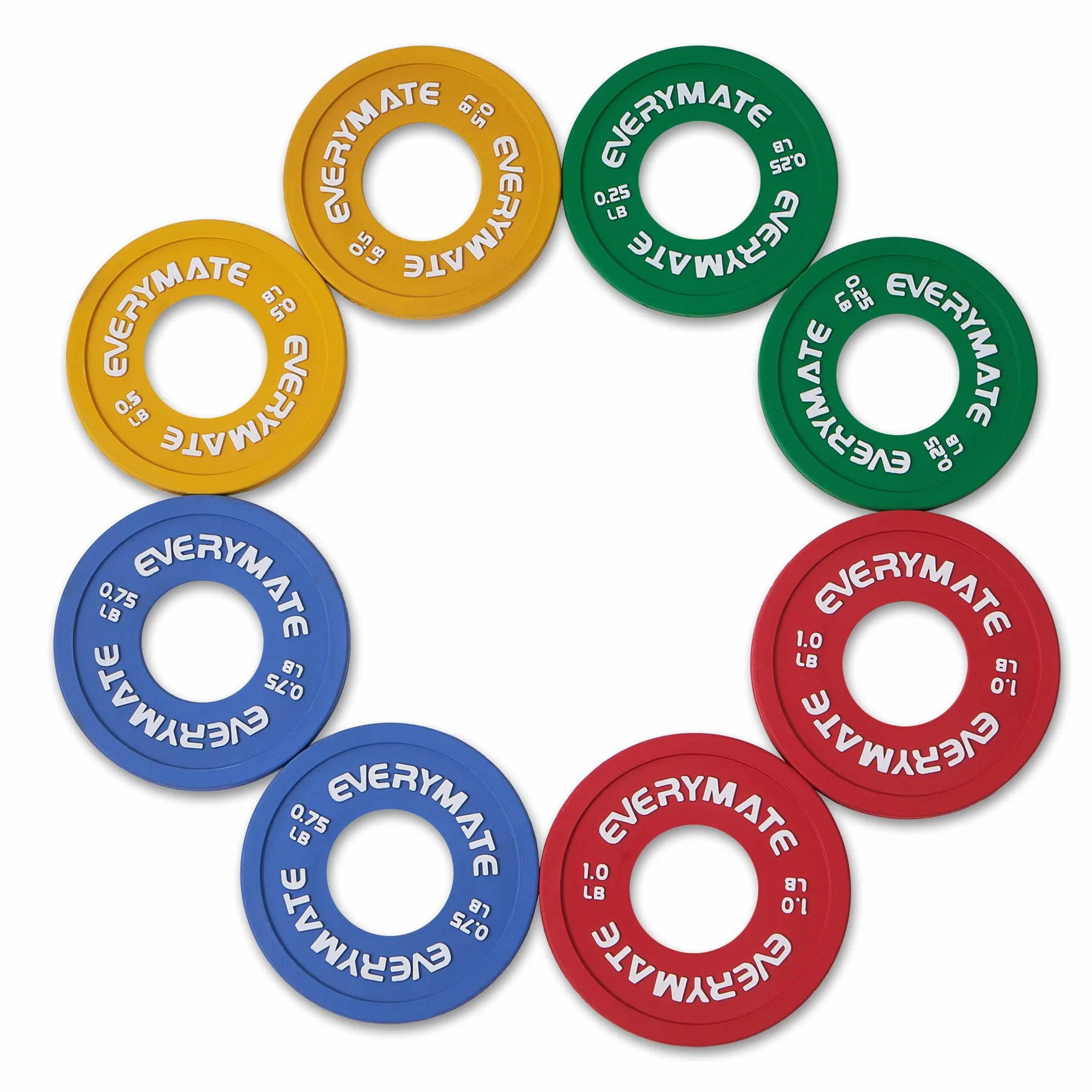 EVERYMATE Gumowe ułamkowe talerze obciążeniowe, zestaw 8 mikrotalerzy, para 0,1 kg, 0,2 kg, 0,3 kg, 0,5 kg, do sztangi olimpijskich do treningu siłowego, mikro talerze, obciążniki