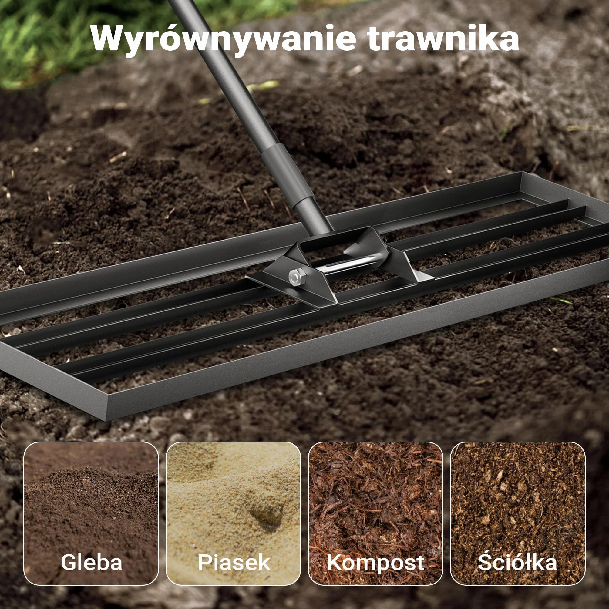 Wiltec Niwelator ręczny 25,4 cm x 121,9 cm aluminiowy z regulowanym kijem 2 m, grabie do wyrównywania trawnika, równiarka kretowisk