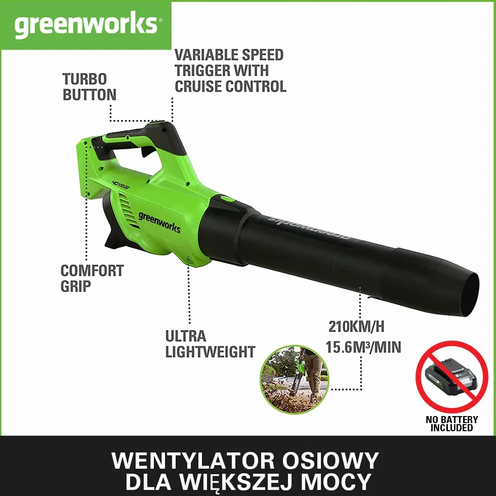 Greenworks GD40AB Akumulatorowa dmuchawa do liści z tempomatem, silnik bezszczotkowy, 210 km na godzinę, 15,6 m³ na min, funkcja turbo, bez baterii 40 V i ładowarki