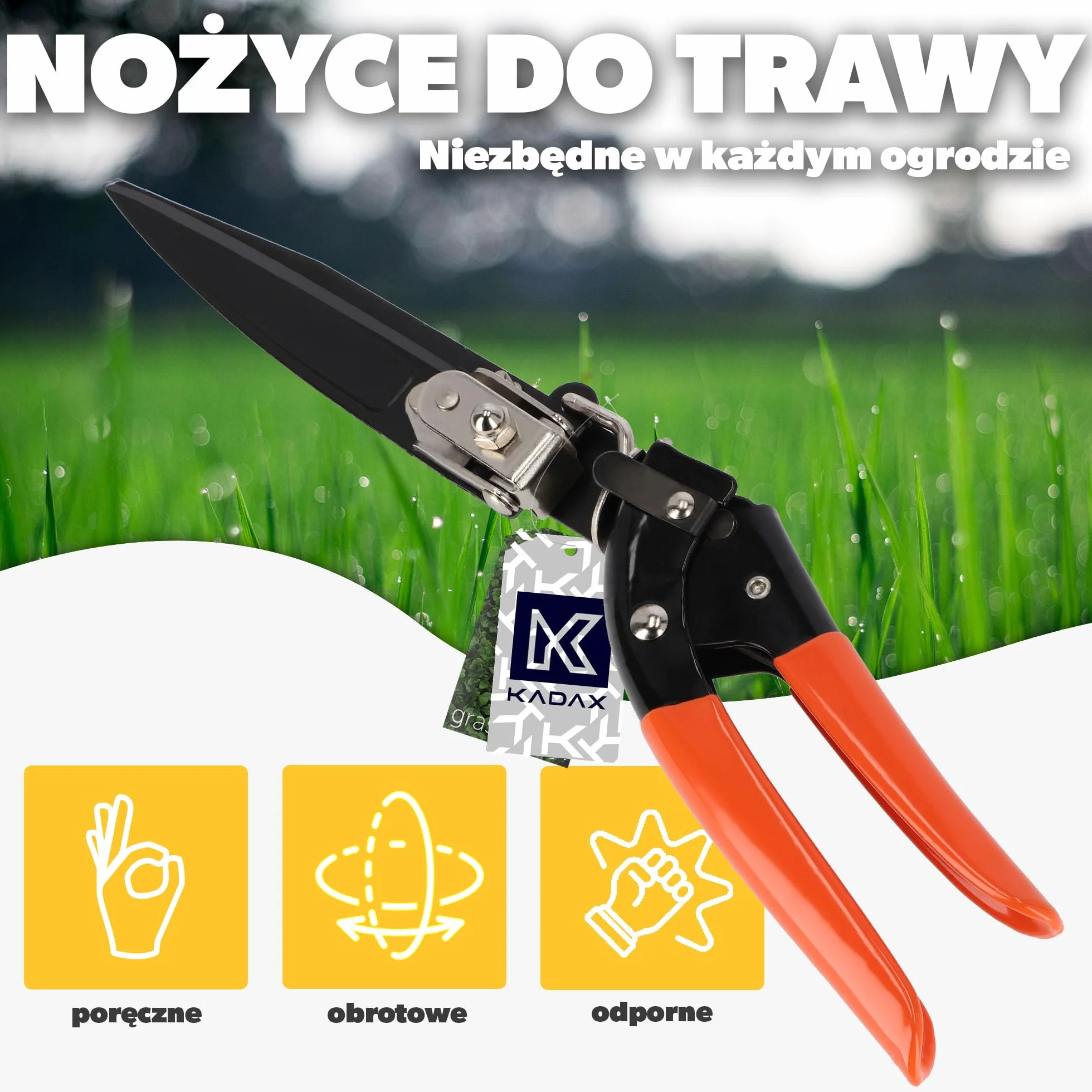 KADAX Nożyce do trawy i obrzeży, stalowe ostrza z powłoką nieprzywierającą, obrotowa głowica, długość 33 cm, do precyzyjnego przycinania krawędzi i trudno dostępnych miejsc