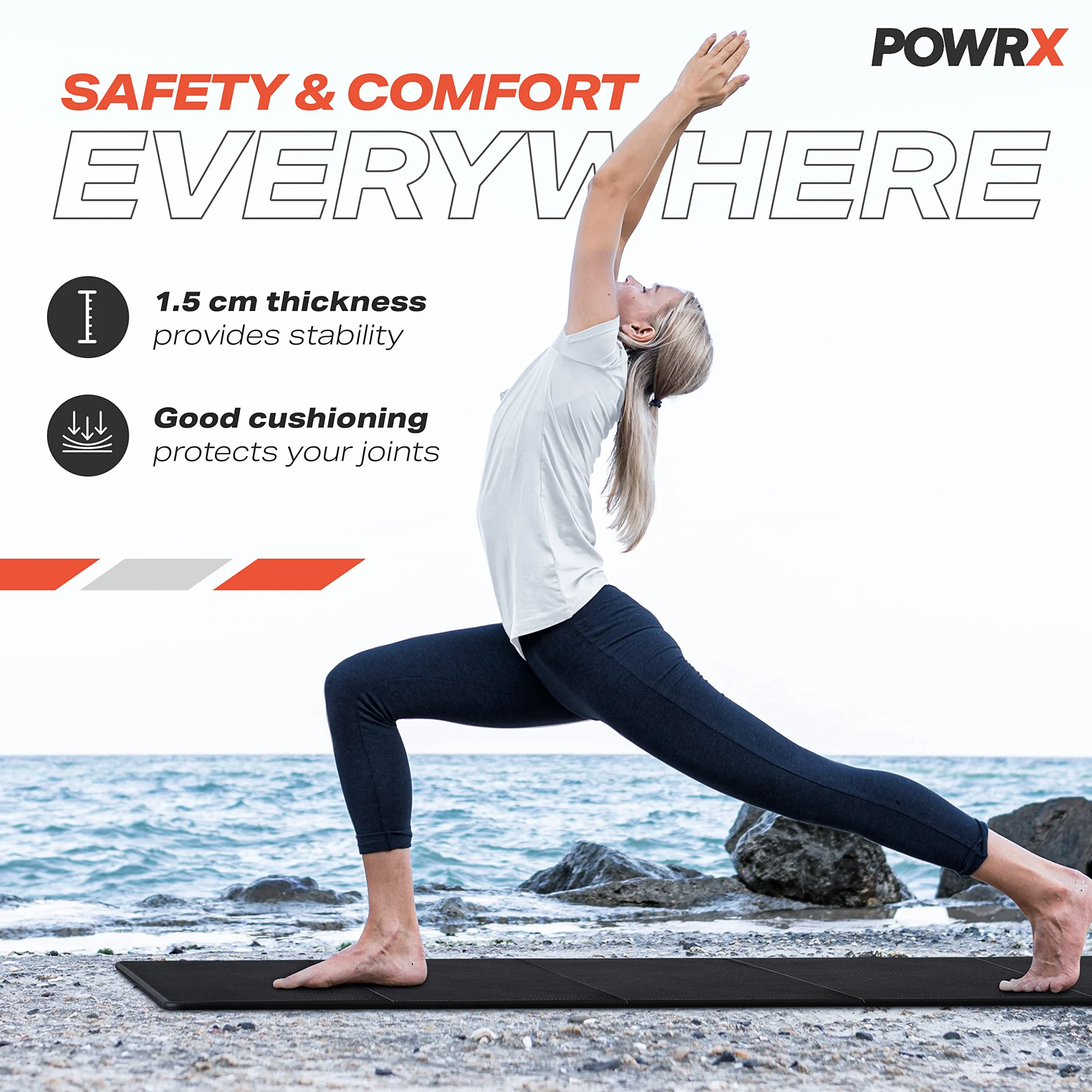 POWRX składana mata gimnastyczna, bez PCW, 180 x 60 x 1,5 cm, niebieska lub czarna, do ćwiczeń, pilatesu, fitnessu, podłogi, mata do jogi (czarna)