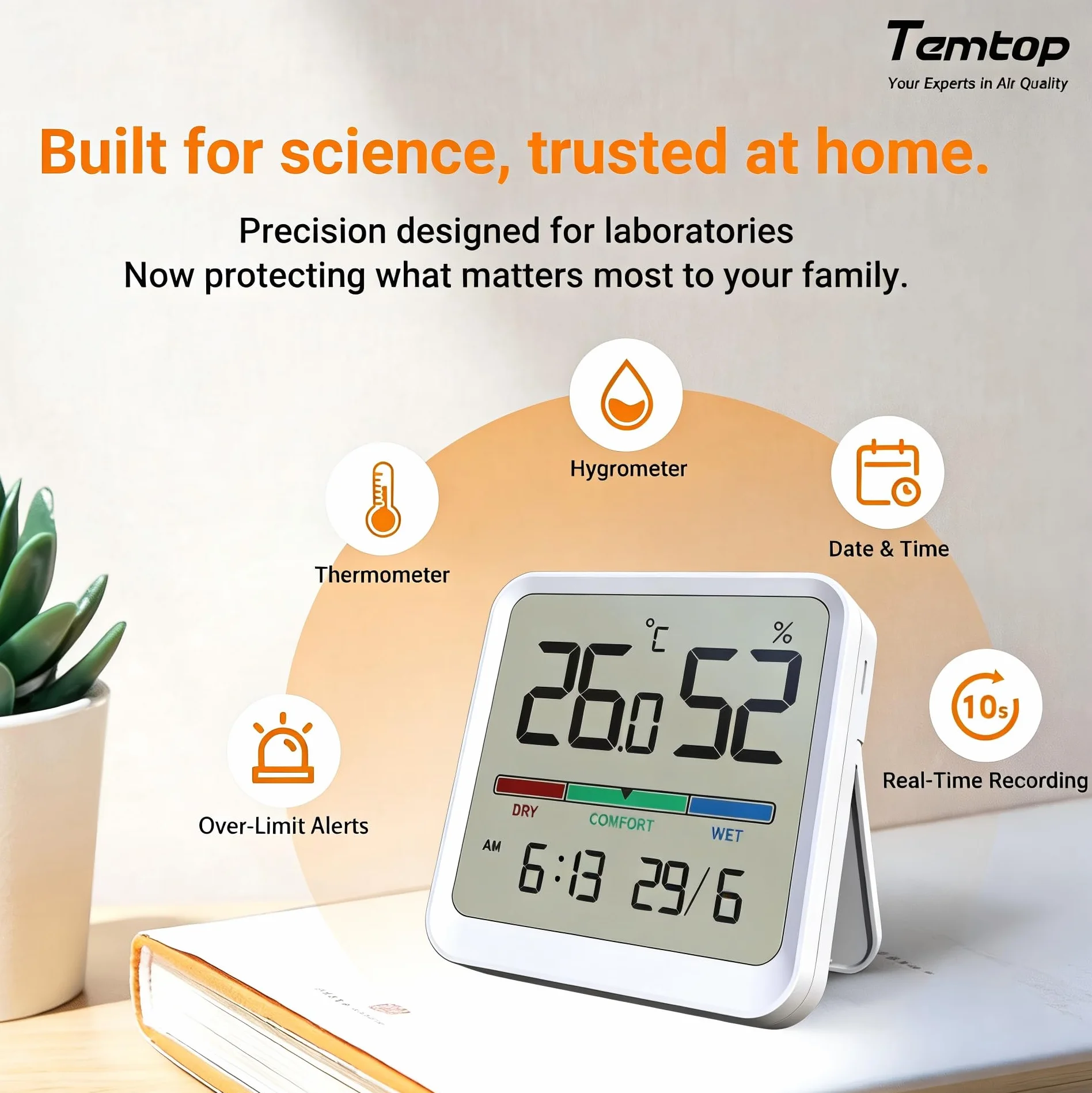 Temtop Termometr wewnętrzny, higrometr T1-SE, cyfrowy monitor temperatury i wilgotności w pomieszczeniu ze wskaźnikiem komfortu, przełącznik ℃/__PLACEHOLDER_BRAND_10__ do domu, biura, przedszkola