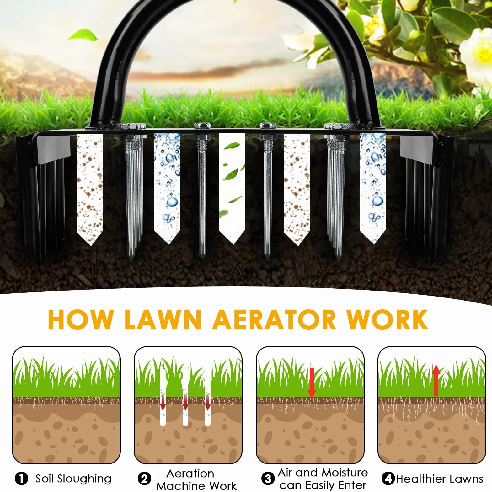 Aerator Narzędzie do trawnika, 96 cm Aerator Cesped Scarifier Ręczny napowietrzacz ziemny z uchwytem T z 17 kolcami z litej stali 9 cm do napowietrzania trawnika, patio, gleby