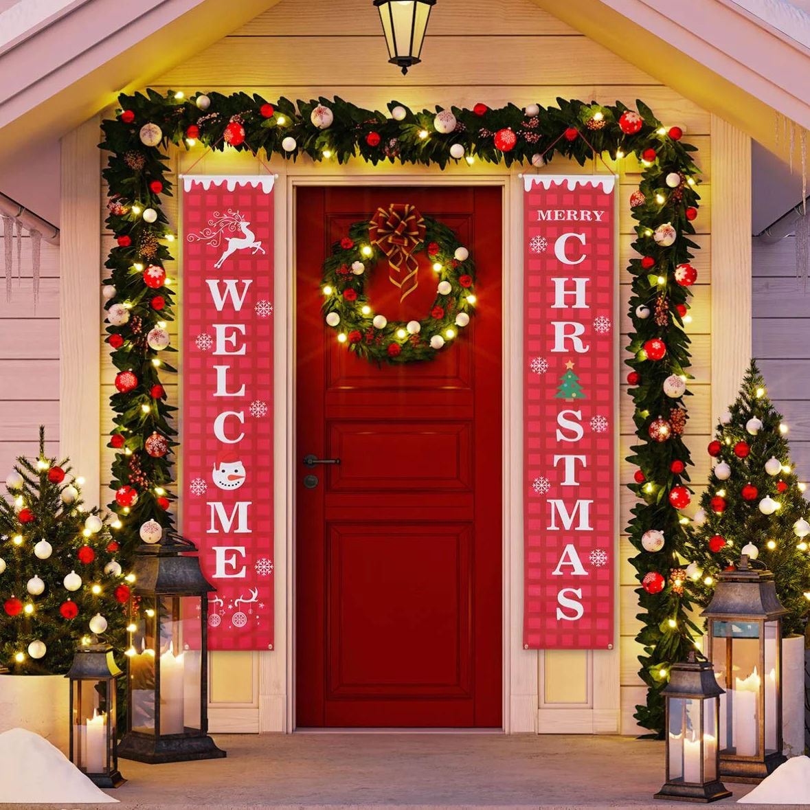 2pcs Reusable Oxford Cloth Waterproof Welcome Christmas Porch Sign Photo Props Wall Decor for Home Party