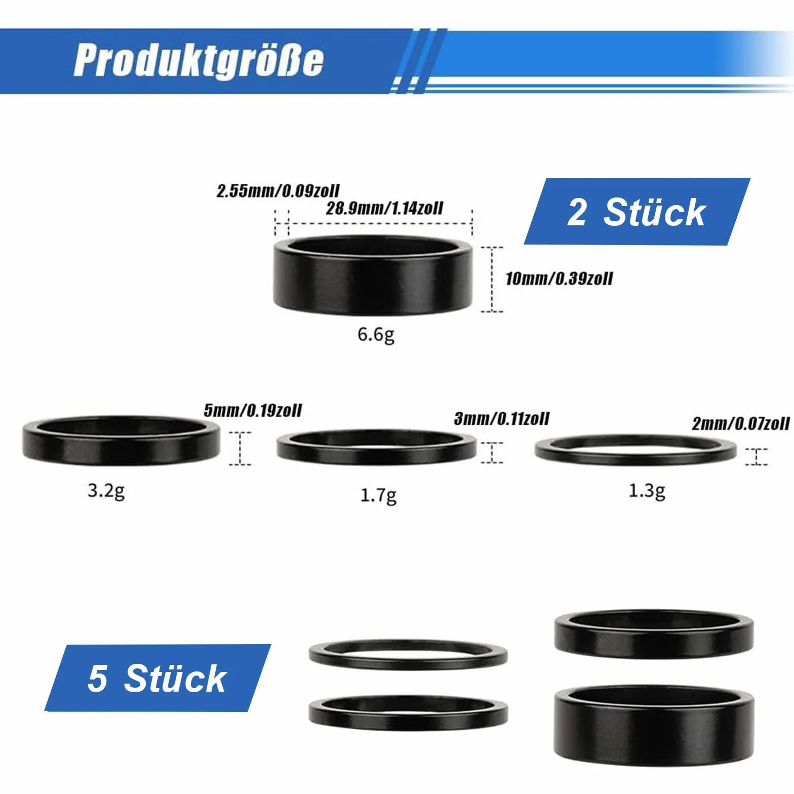 Dreamil Zestaw dystansowy na kierownicę rowerową, 5 sztuk, 2 mm/3 mm/5 mm/10 mm, zestaw słuchawkowy Spacer do rowerów górskich, wyścigowych, 28,6 mm