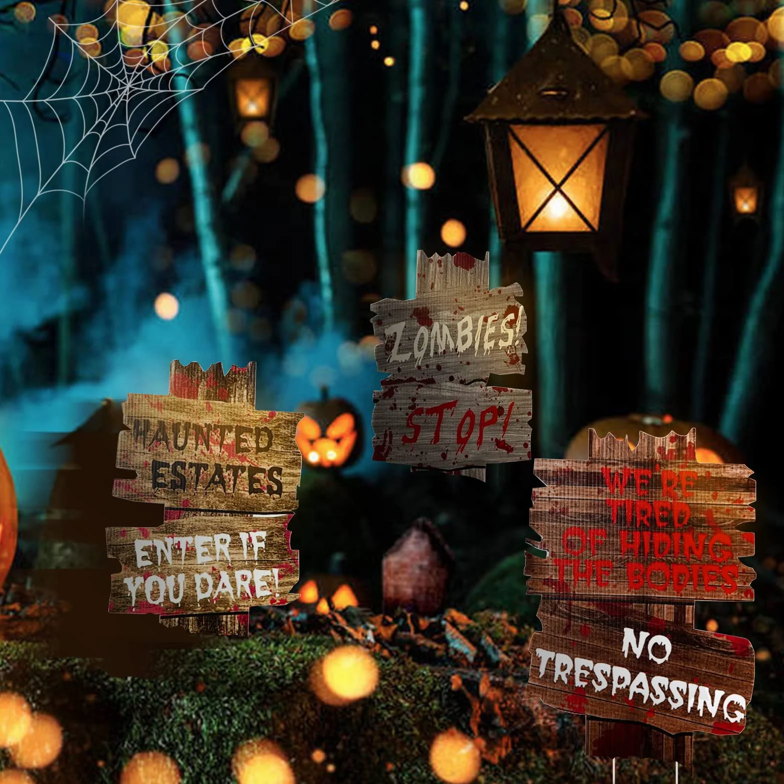 3 różne halloweenowe rekwizyty horroru impreza niebezpieczeństwo 'Keep Out' ogród przewodnik znak dekoracje podwórko cukierek lub psikus dekoracja na zewnątrz falista palik znaki uważaj ostrzeżenie typ 2