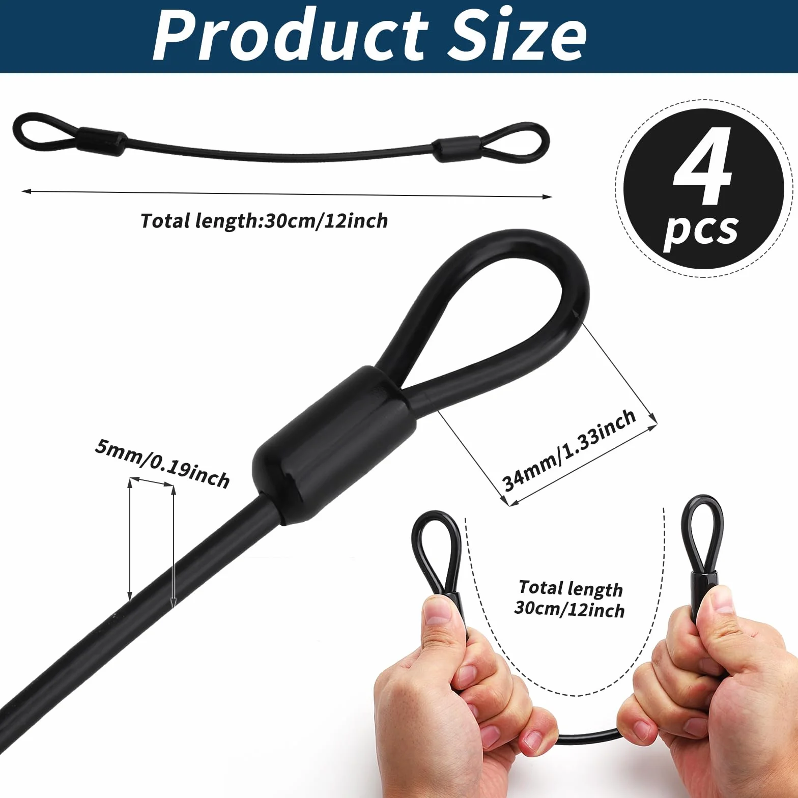 Zestaw 4 stalowych kabli zabezpieczających 30 cm z oczkami – kabel antykradzieżowy z podwójną pętlą