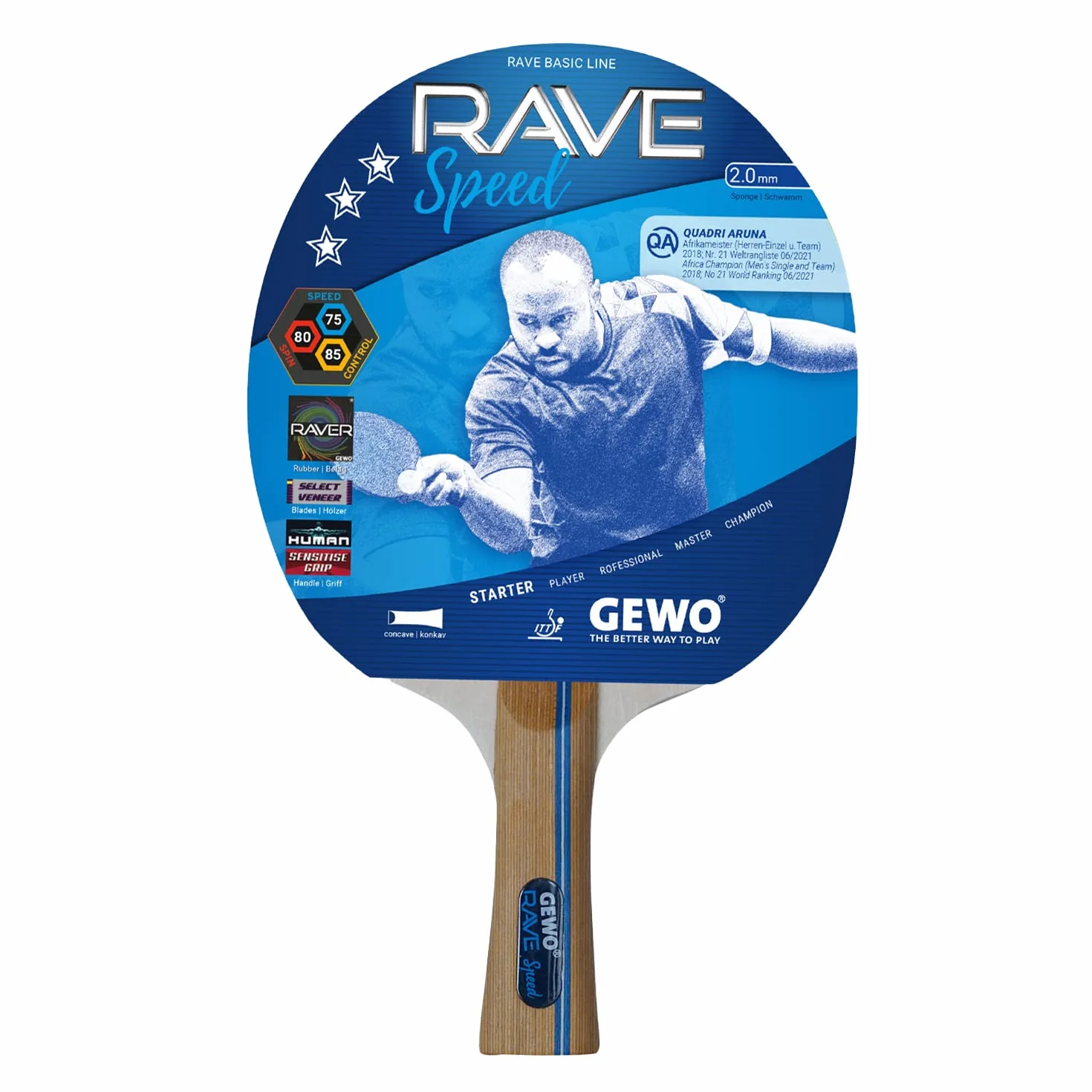 GEWO Rave Speed rakieta do tenisa stołowego – kontrolowana rakieta do tenisa stołowego dla początkujących – kompletna rakietka z powłoką Raver, wysoka kontrola i prędkość, wklęsła, gąbka o grubości 2
