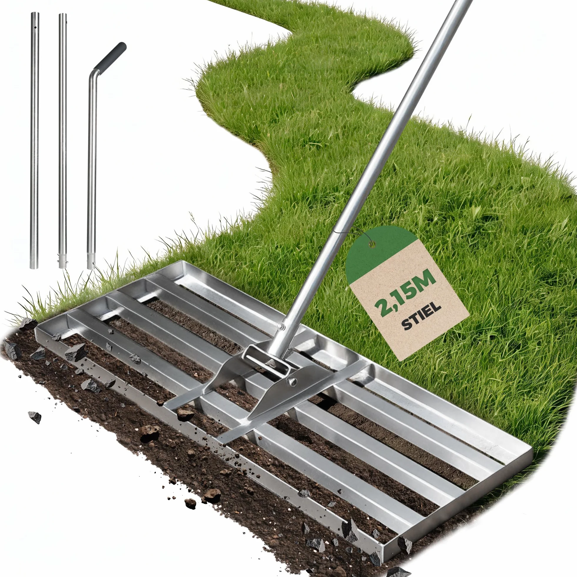 GrabiNivelator do trawnika 80×30 cm z regulowanym metalowym trzonkiem (140‑215 cm) – Grabie do wyrównywania, piaskowania i pielęgnacji trawnika, ogrodu i pola golfowego