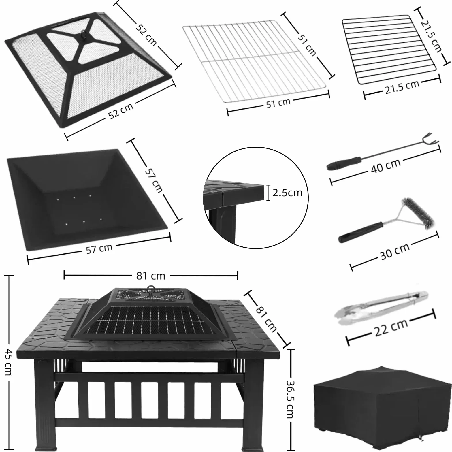 TLSUNNY Palenisko Z Rusztem Do Grillowania, 3 W 1, Z Ochroną Przed Iskrami, Kosz Paleniskowy Z Plandeką Przeciwdeszczową, Kwadratowy, Na Taras, Taras, Kemping, Ognisko, 81 X 81 X 45 cm
