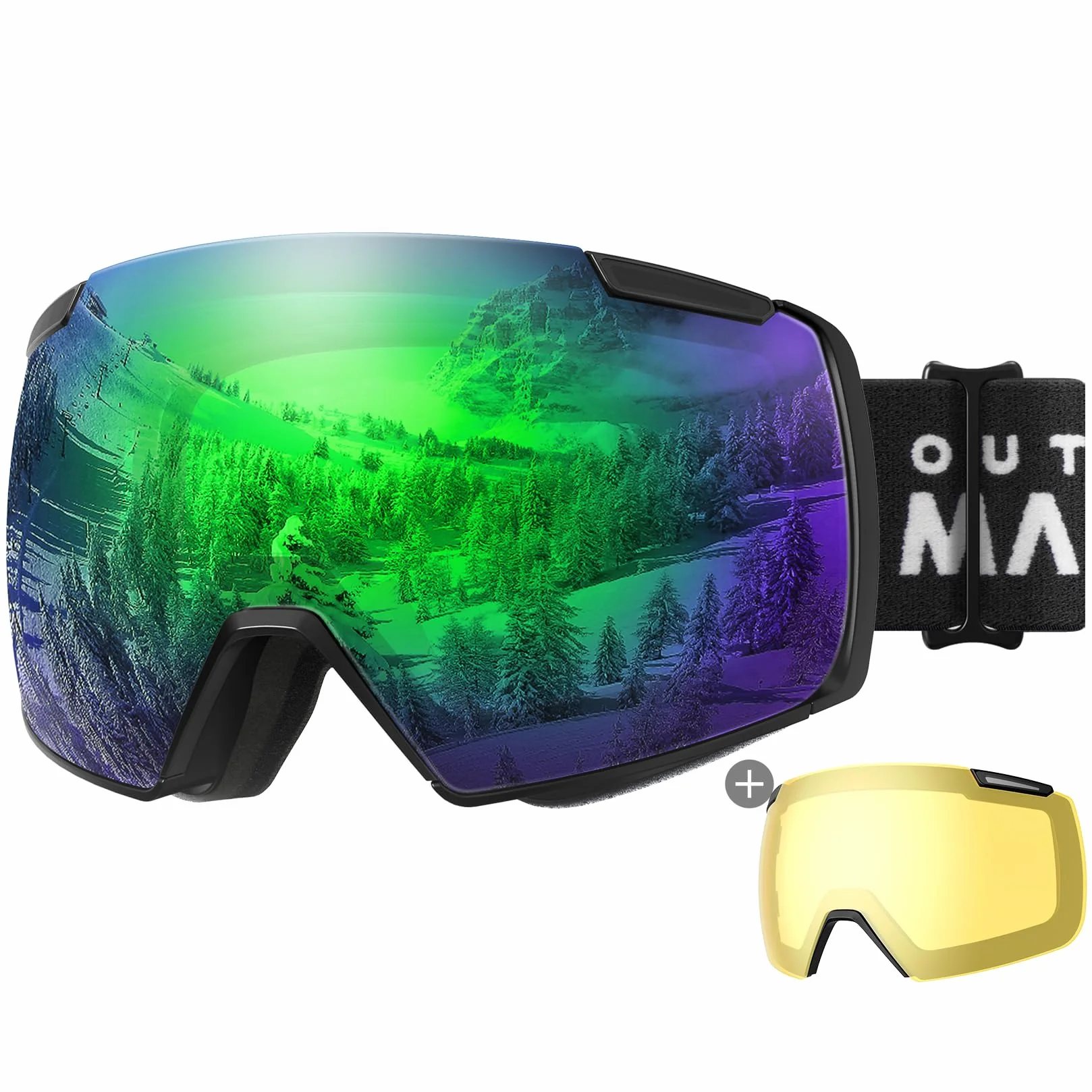 Gogle narciarskie OutdoorMaster Heron z 2 soczewkami, bezramkowe, magnetyczne wymienne soczewki toryczne HD, gogle snowboardowe OTG dla mężczyzn i kobiet, 100% ochrona przed promieniowaniem UV