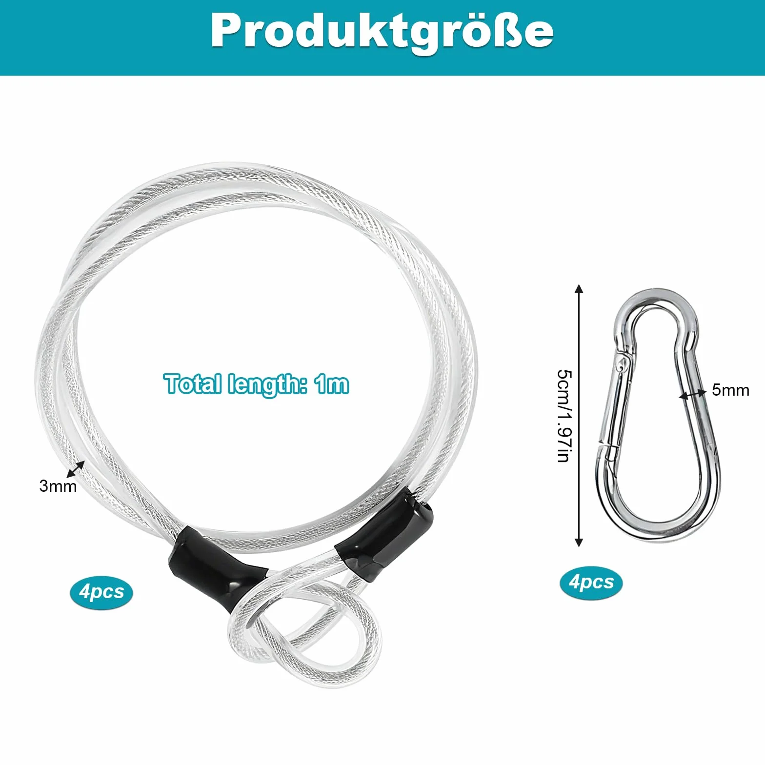 Linka stalowa z oczkami 1 m x 3 mm ze stali nierdzewnej z karabińczykiem, kabel zabezpieczający 4 sztuki