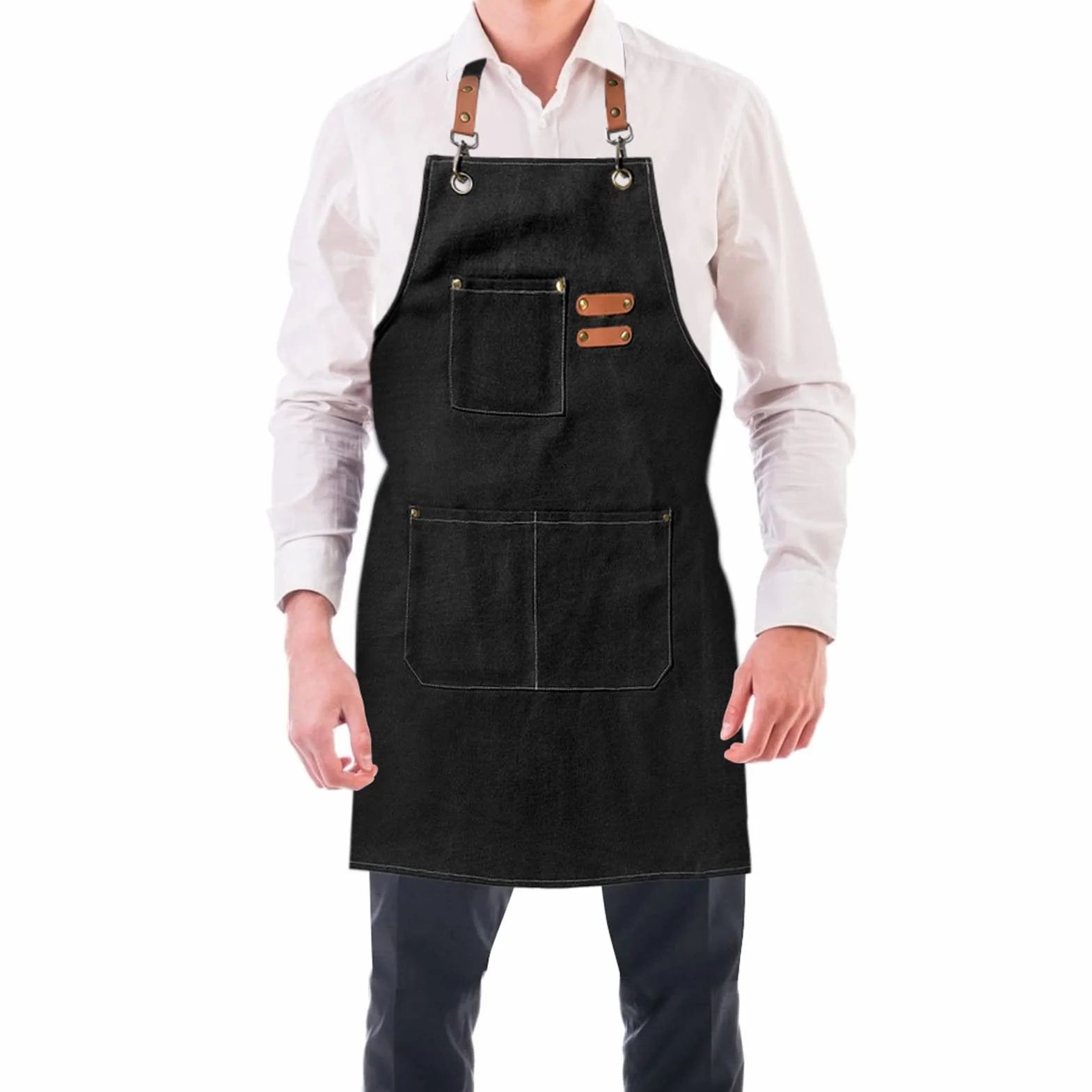 BOOWEN Męski fartuch kuchenny płócienny fartuch z 3 kieszeniami wodoodporny i regulowany Apron do grilla, restauracji, ogrodu, stolarza, 76 x 68 cm