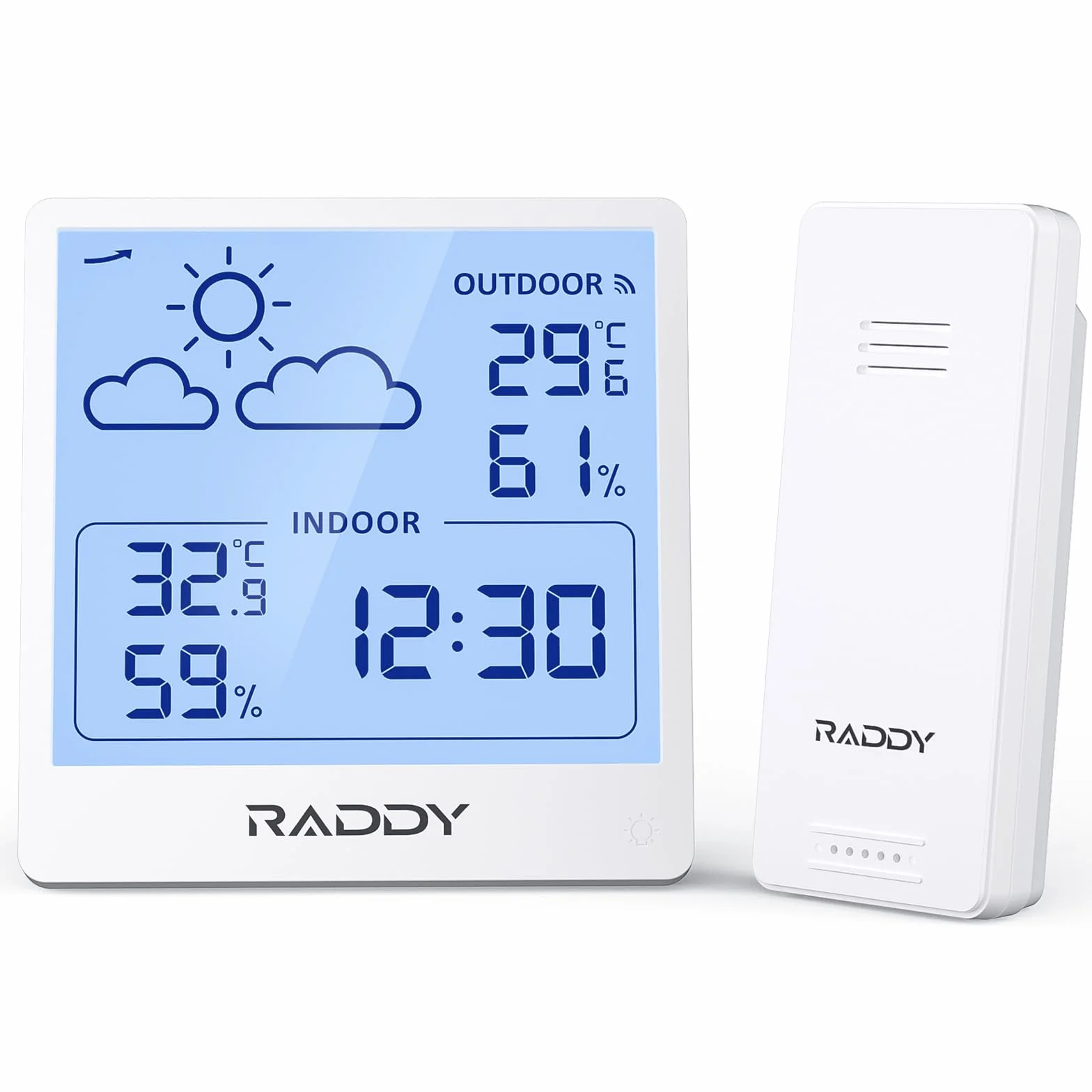 Raddy WF-50T Termometr Wewnętrzny Zewnętrzny Higrometr Bezprzewodowa Stacja Pogodowa, Zasilany Baterią 5.0'' Wyświetlaczem TN, Prognoza Pogody, Bezprzewodowy Czujnik Zdalny (Biały)