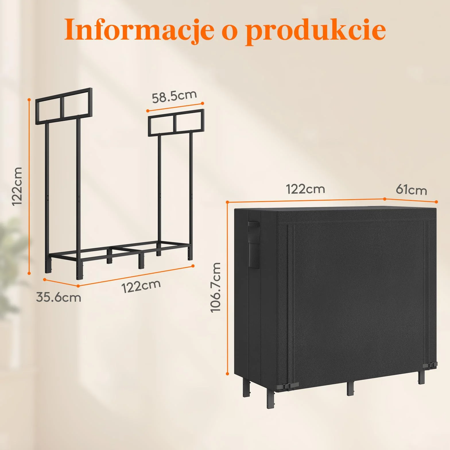 Lifewhite Drewniane Pudełko do Przechowywania Wewnątrz, 122 × 58,5 × 122 cm Drewna Opałowego na Zewnątrz z Wodoodporną Pokrywą Boczna Kieszeń do Wnętrz i na Zewnątrz, Czarna