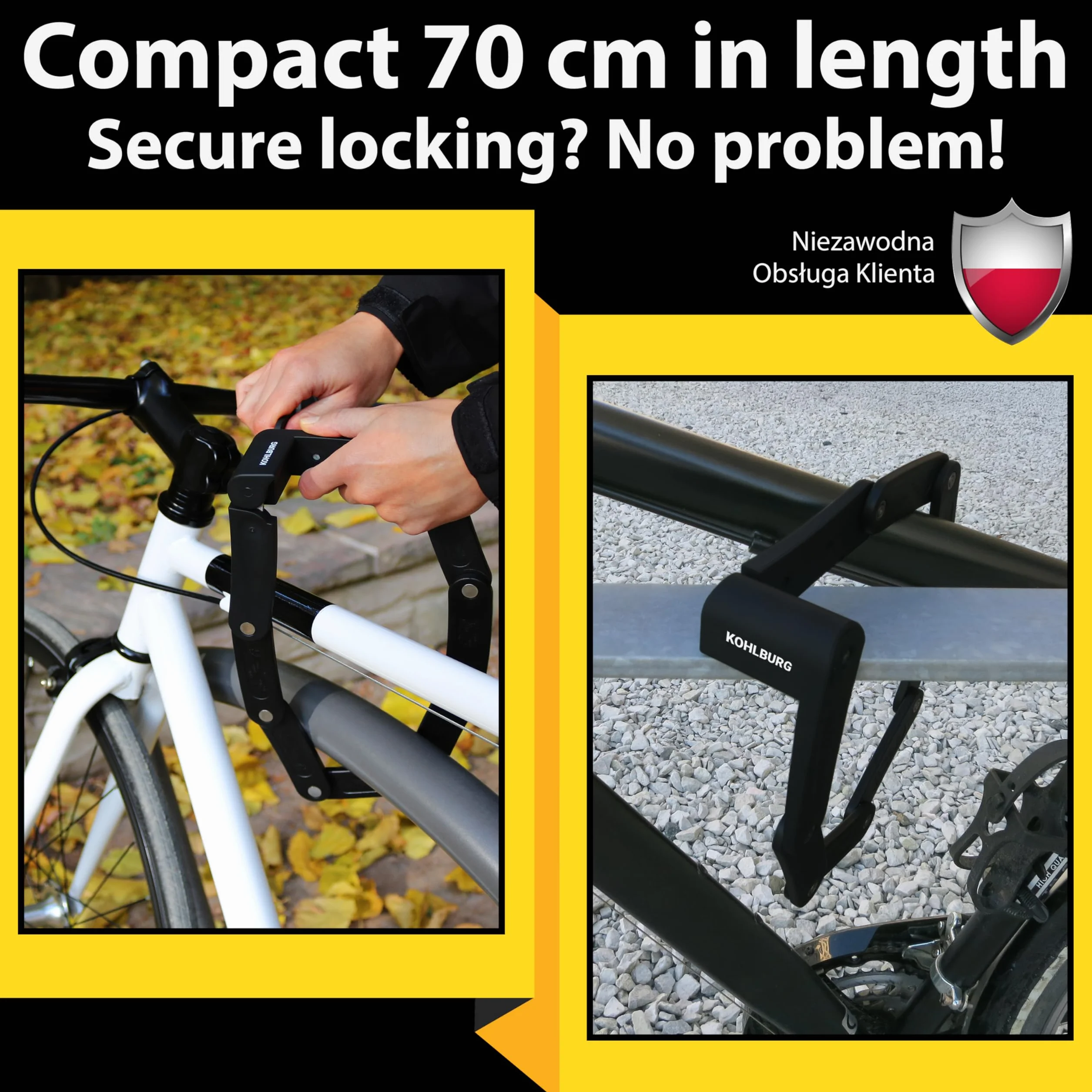 KOHLBURG lekkie zapięcie składane rowerowe z hartowanej stali 680g 70cm