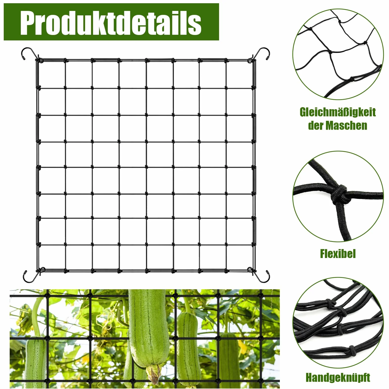 Siatka Scrog 90x90 cm, siatka do uprawy w namiocie, siatka wsparcia dla roślin, elastyczna siatka szpalkowa z 4 hakami i 10 zabezpieczonymi klipsami do roślin, do warzyw, owoców, kwiatów, do
