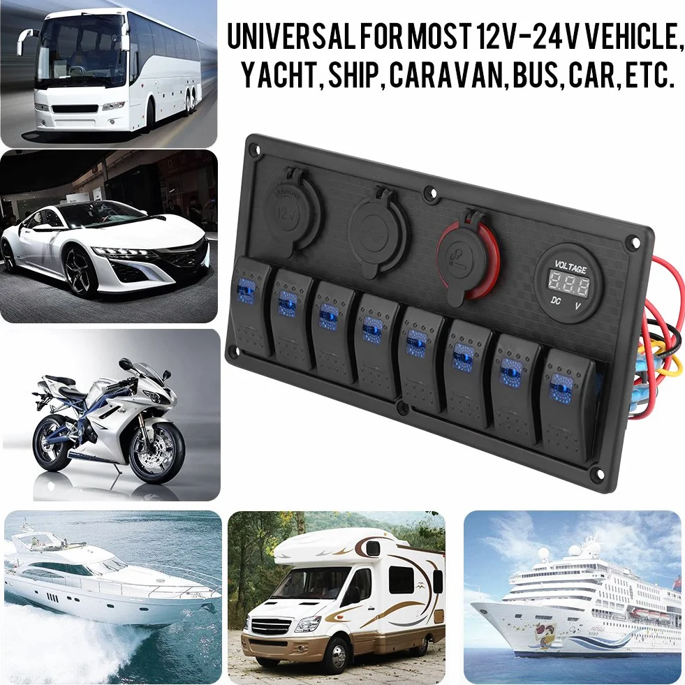 KIMISS 8-gangowy panel przełączników LED 12V/24V z woltomierzem, dual USB i gniazdem zapalniczki