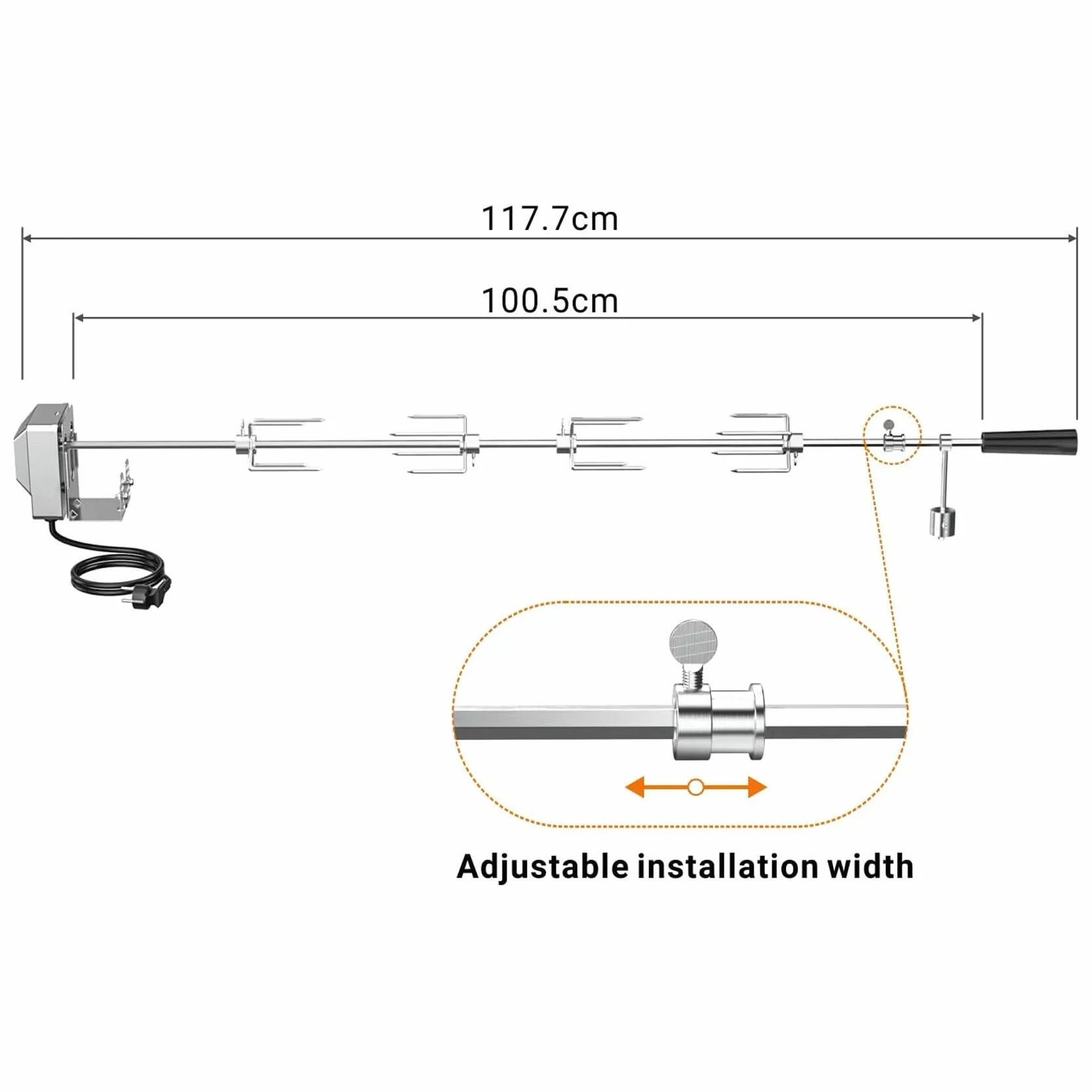 Onlyfire BRK-6032 Uniwersalny chromowany rożen obrotowy, rożen obrotowy 100 cm, igły do mięsa 4X, silnik ze stali nierdzewnej, 220V - 240V, rożen do grilla