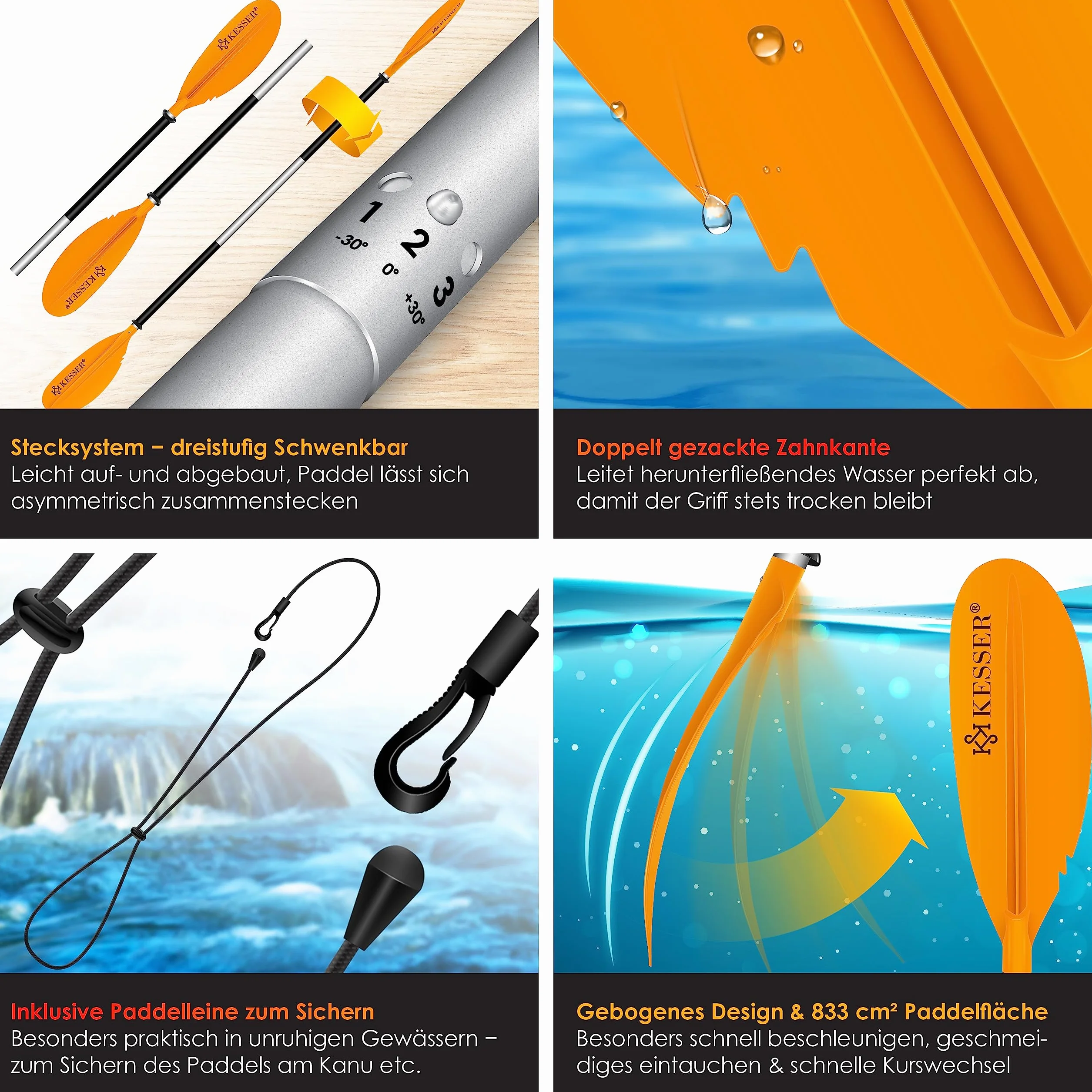 KESSER® Podwójne wiosło – 4-częściowe do kajaka, SUP, SUP, 228 cm, aluminium, super lekkie, do pontonów, kajaków, surfingu, łodzi