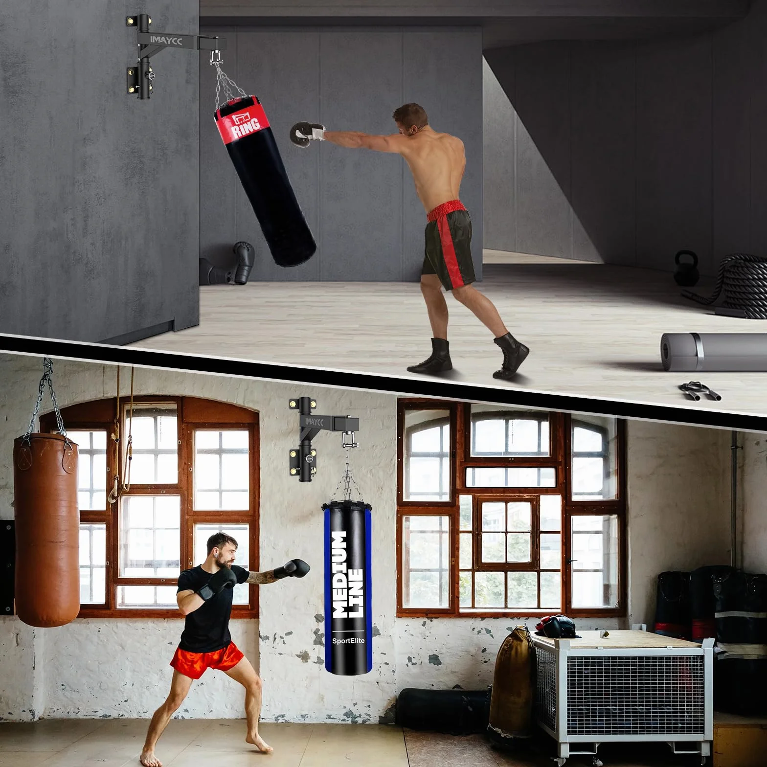 IMAYCC Uchwyt ścienny do worka bokserskiego, dwukierunkowy, regulowany stojak do worka bokserskiego, stojak do domu lub na siłownię, do worka bokserskiego, Muay Thai Bag, itp.