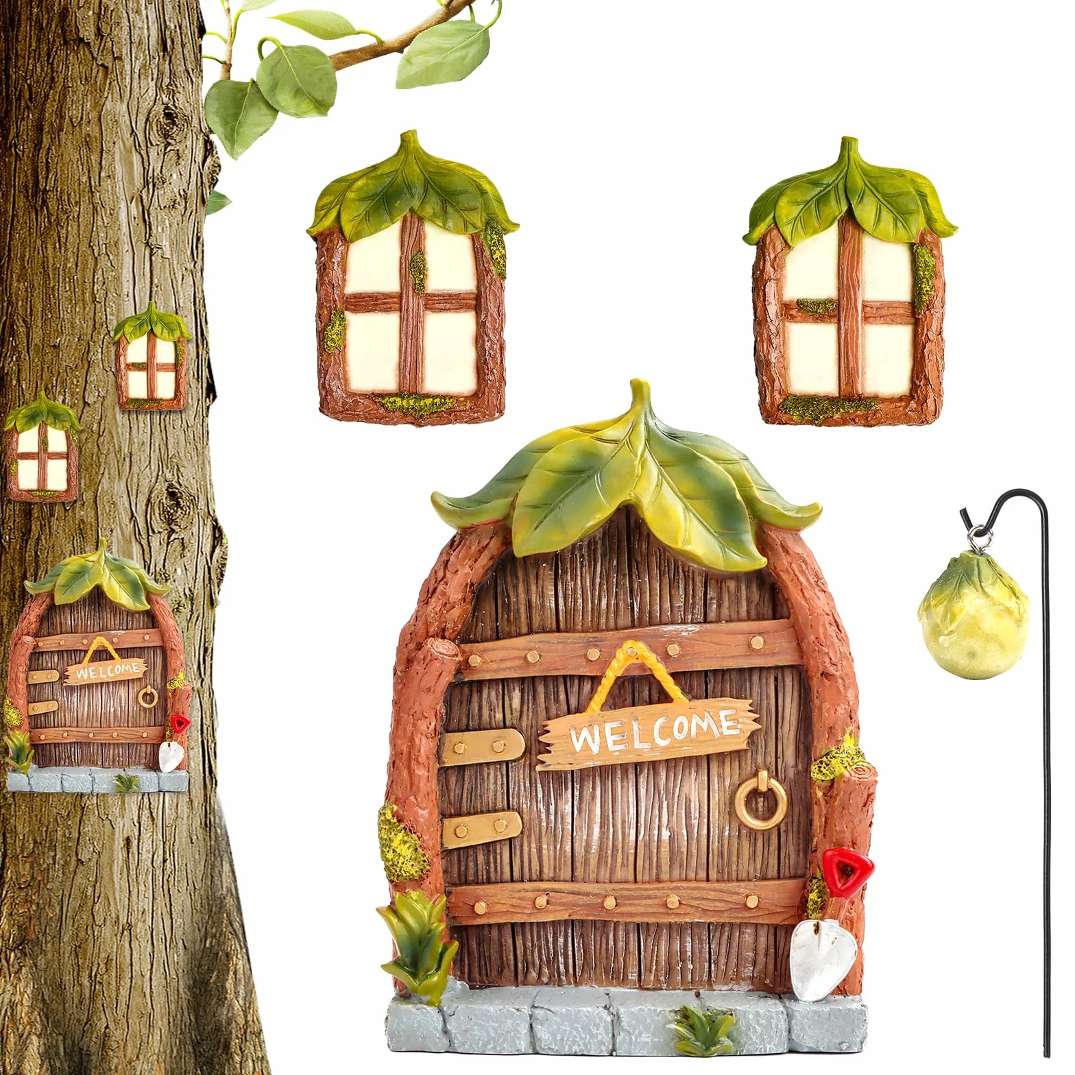 MplehDa Miniaturowe drzwi do ogrodu, drzwi wróżki i okno na drzewa, tajemnica bajkowa w stylu vintage, domek dla roślin, Glow in the Dark wróżki drzwi do pnia drzewa