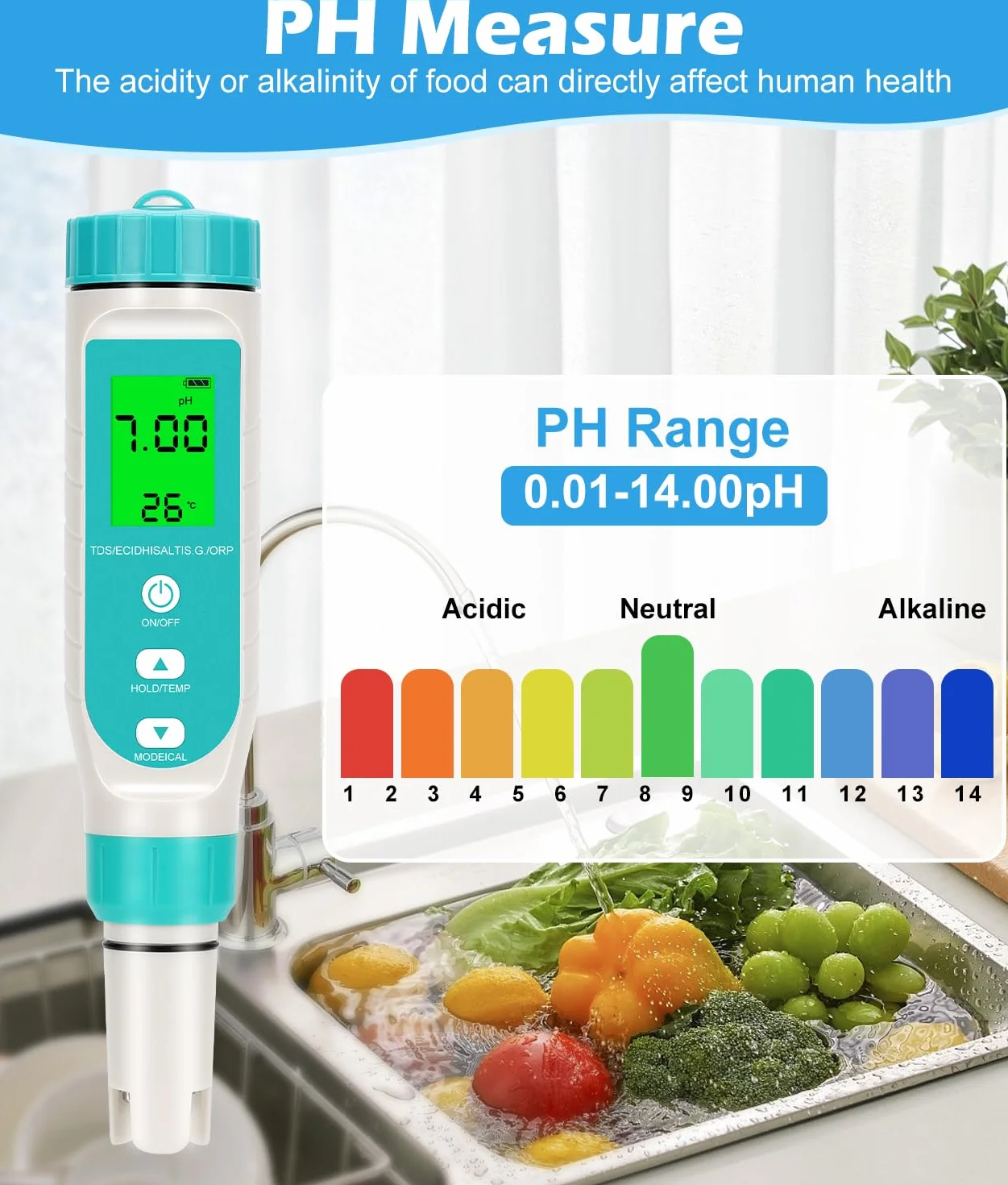 WADEO Miernik ph, 7 w 1 miernik ph wody do PH/TDS/EC/zasolenia/S.G/Gold/Temperatura, phmetr z wyświetlaczem LCD, precyzyjny test wody pitnej do wody pitnej, basenu, akwarium