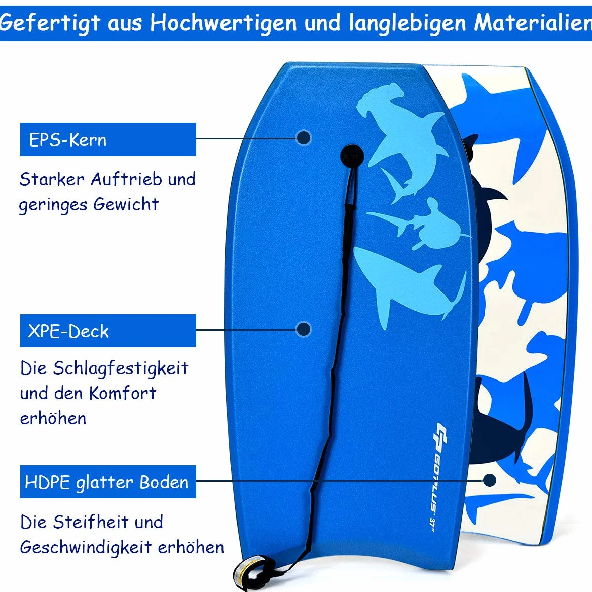 Costway Bodyboard, deska do pływania, deska surfingowa dla dzieci i dorosłych, deska surfingowa, deska Sup-Board, 104 x 52 x 6 cm (niebieska)