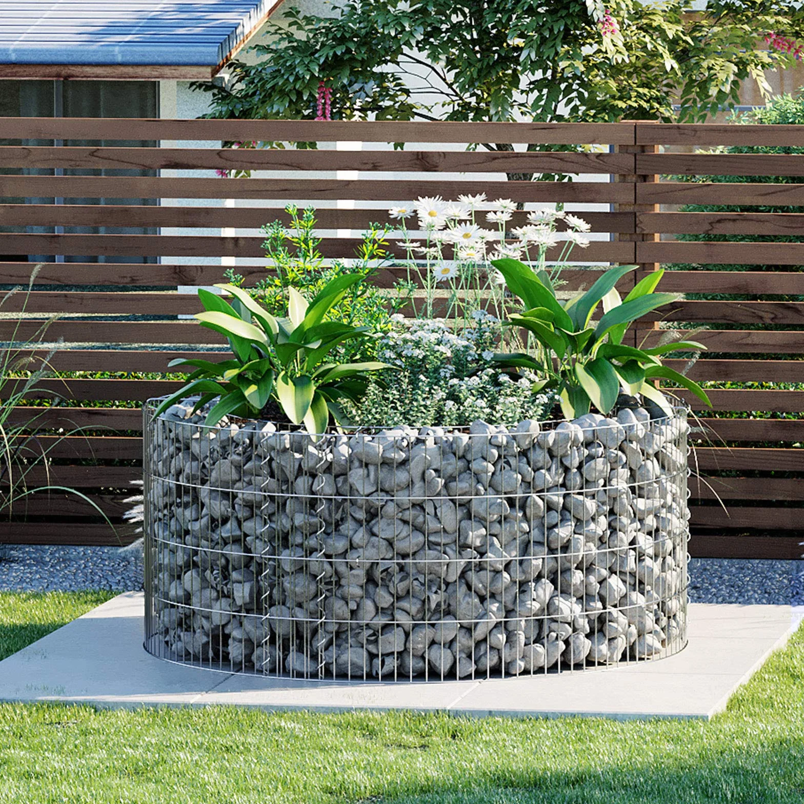 SONGMICS gabion, okrągły, kosz gabionowy, kosz kamienny wykonany z metalu, siatka o małych oczkach 2,5 x 10 cm, ogrodzenie z drutu ze stali ocynkowanej, nierdzewne, 90 x 40 cm (Ø x W), srebrny GGB479