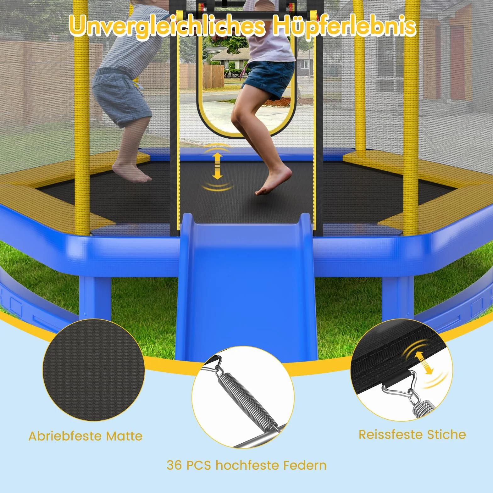COSTWAY φ223 cm trampolina ogrodowa ze zjeżdżalnią, trampolina zewnętrzna do 270 kg, trampolina dziecięca z drabinką, siatką zabezpieczającą, osłoną krawędzi i piłkami oceanicznymi, dla 3+ lat