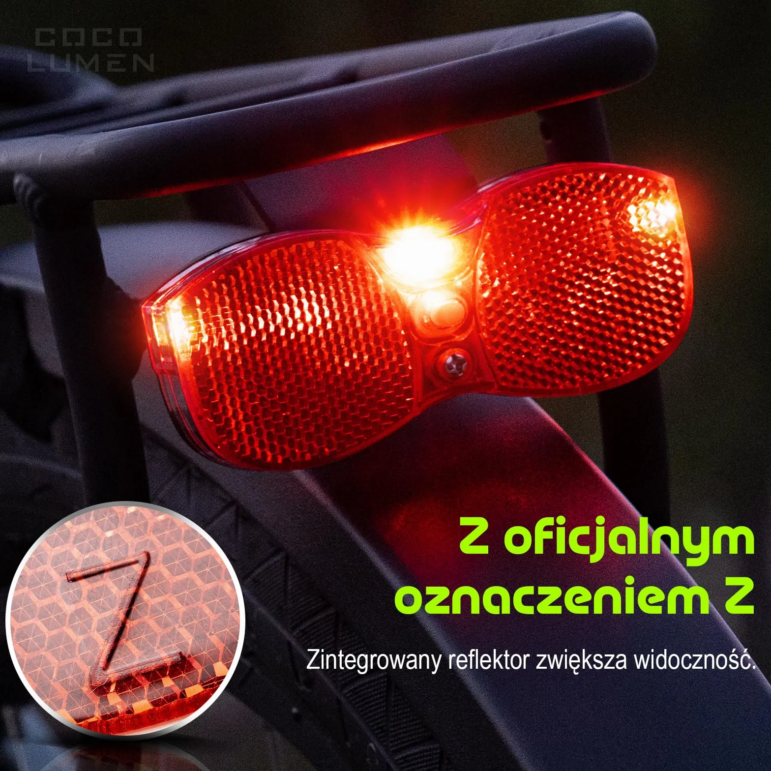Tylne światło rowerowe LED z reflektorem, dopuszczenie do ruchu drogowego, zasilanie bez baterii