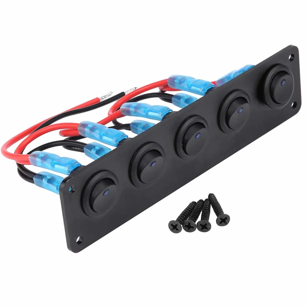 Keenso Panel przełącznika kołyskowego 12 V / 24 V, wodoodporny, 5 Gwintowany okrągły przełącznik Dash Blue LED do kampera, łodzi, jachtu morskiego, 12 V, gniazdko elektryczne