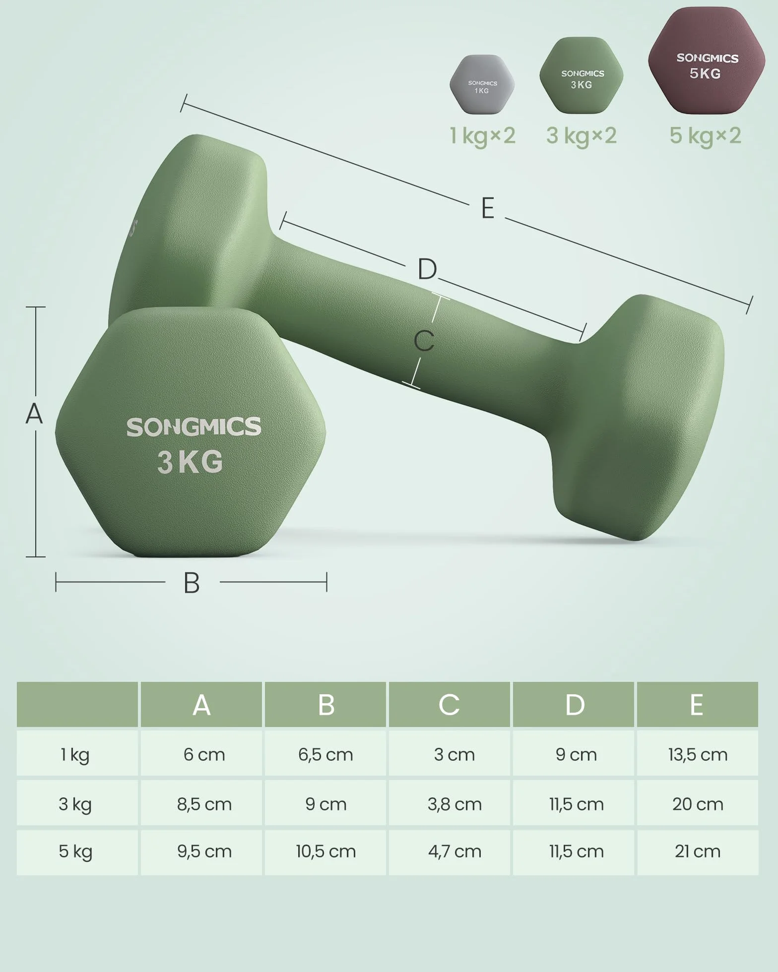 SONGMICS Zestaw hantli sześciokątnych ze stojakiem 2x1kg 2x3kg 2x5kg neopren jasnoszary zielony bordowy