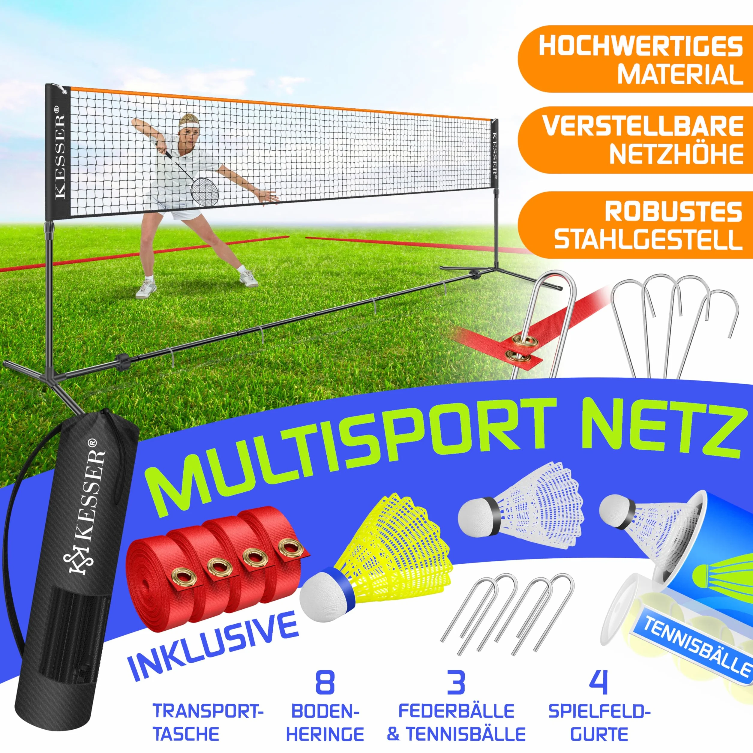 KESSER® Siatka do badmintona, siatka tenisowa, 300 cm, 400 cm, 500 cm, 3-stopniowa regulacja wysokości, zestaw składa się z siatki, 3 lotki, stabilnej ramy z żelaza, torby transportowej, wewnątrz i na