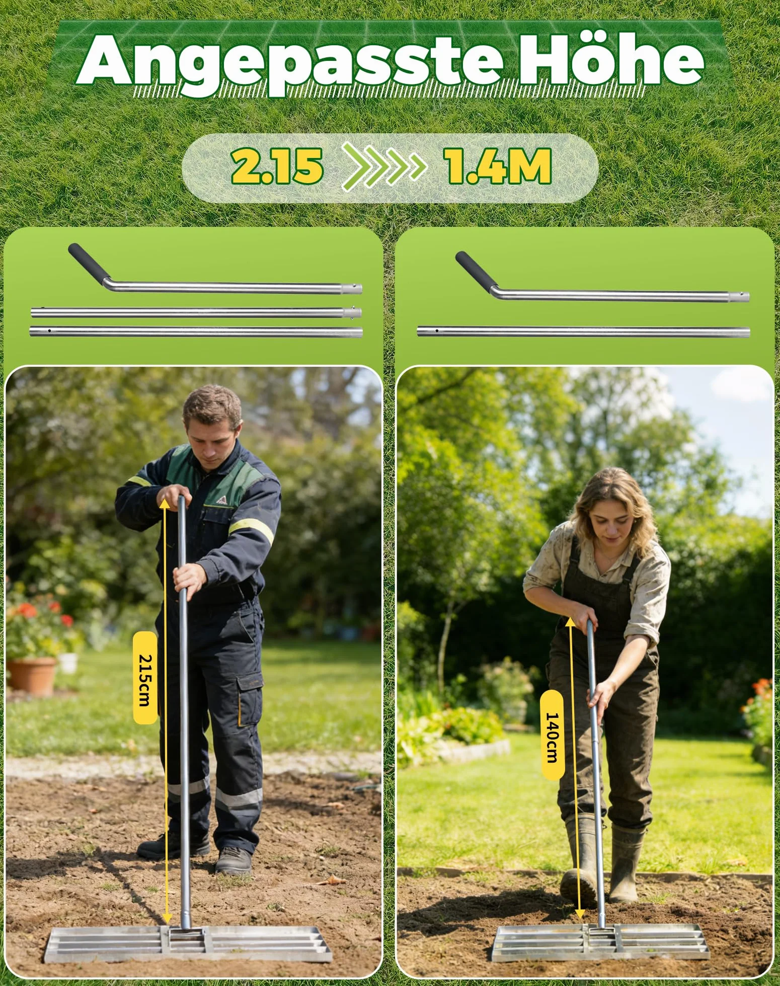 GrabiNivelator do trawnika 80×30 cm z regulowanym metalowym trzonkiem (140‑215 cm) – Grabie do wyrównywania, piaskowania i pielęgnacji trawnika, ogrodu i pola golfowego