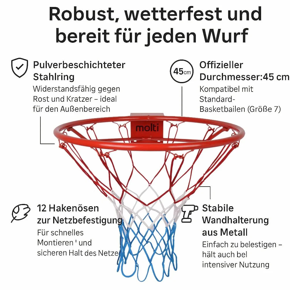 molti HangRing zestaw kółek do koszykówki, Ø 45 cm, Ø 37 cm, z piłką, koszem do koszykówki, siatką do koszykówki i śrubami mocującymi, gra w koszykówkę, sport zespołowy do użytku wewnątrz i