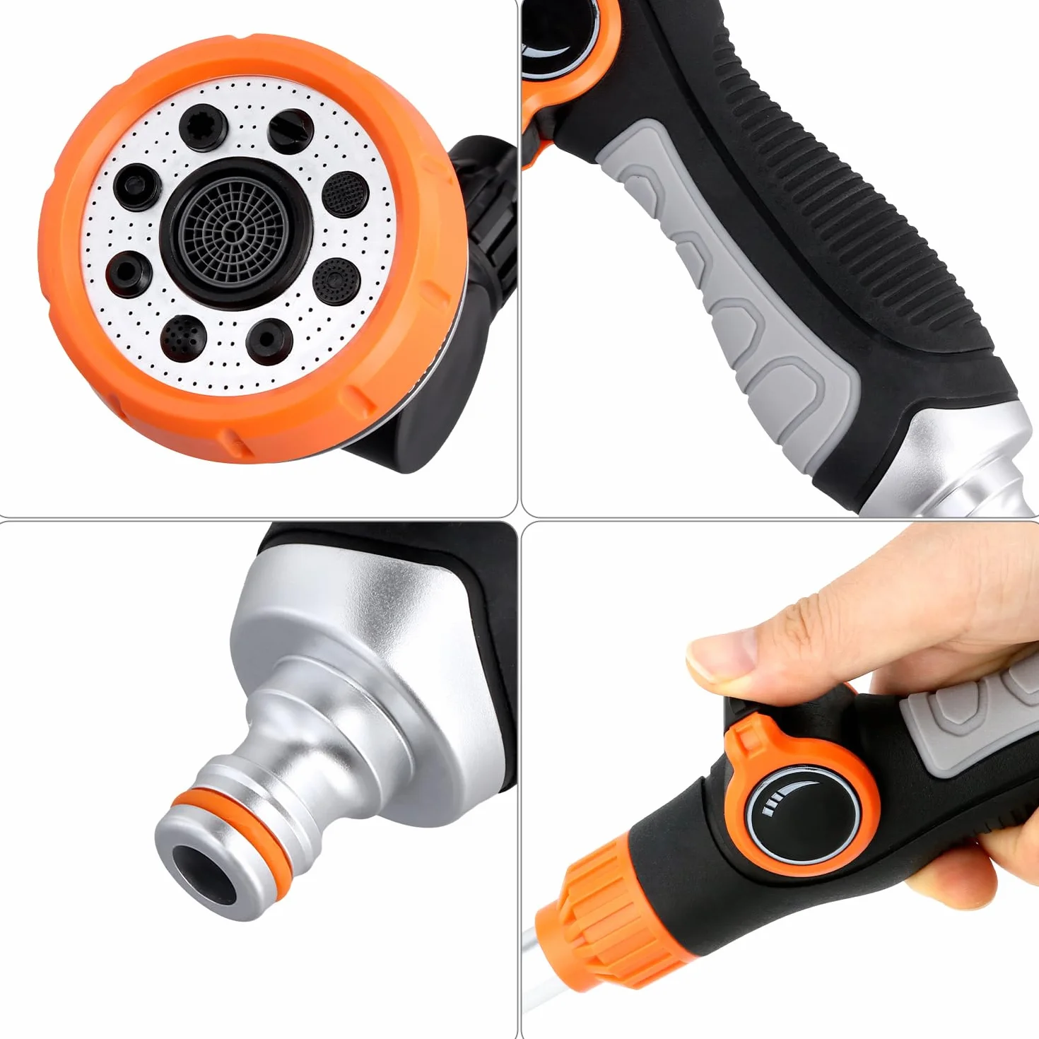 QWORK® Prysznic ogrodowy 47 cm z 8 wzorami strumienia, słuchawka prysznicowa, zawiera 2 przyłącza węża i 3 przyłącza kranu, pistolet natryskowy do nawadniania, mycia samochodu, prysznica zwierząt i