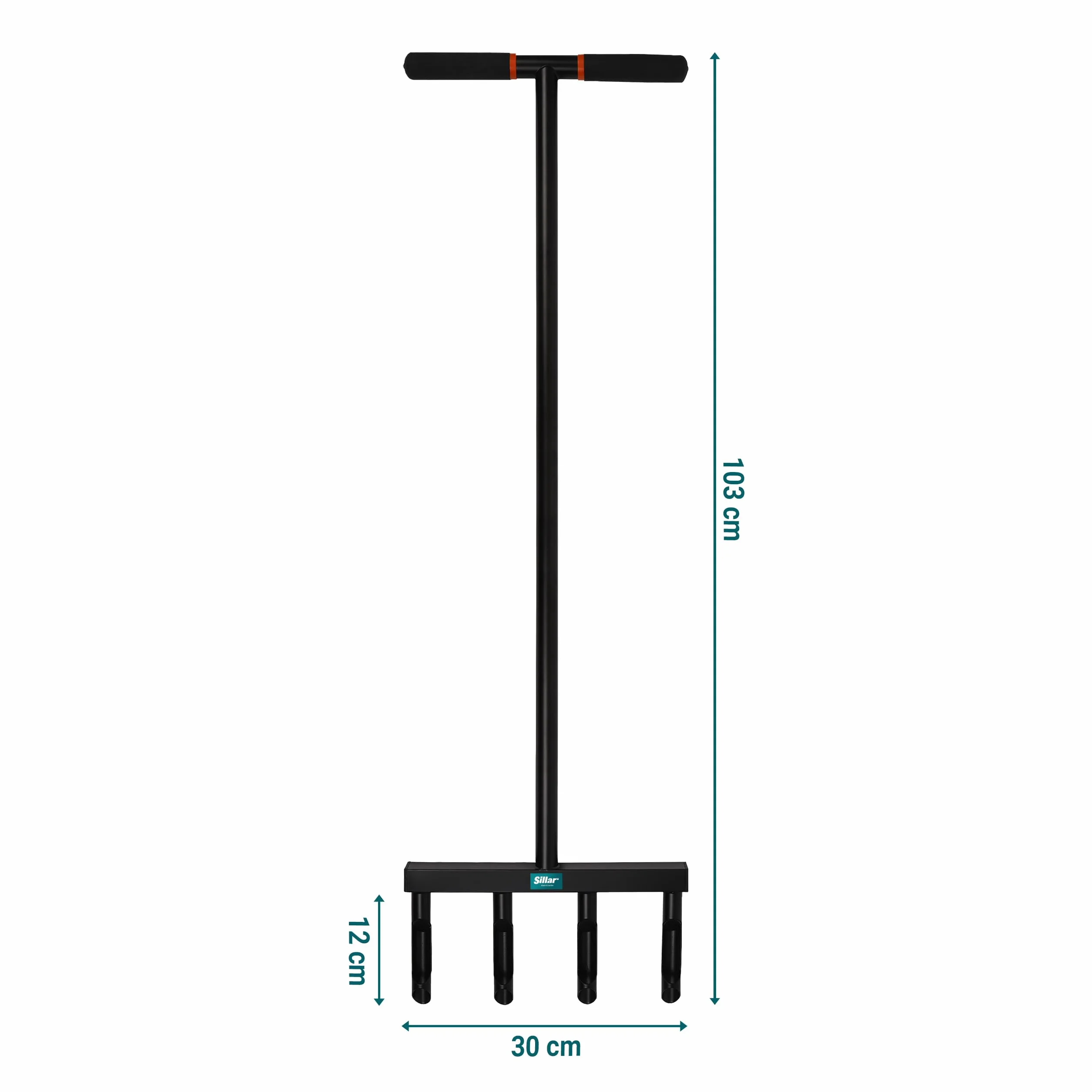 Sillar Napowietrzacz do trawnika, ręczny napowietrzacz podłogowy ze stali węglowej z 4 kolcami rurowymi 12 cm, 103 cm długości, uchwyt T, urządzenie ogrodowe do pielęgnacji i regeneracji trawnika