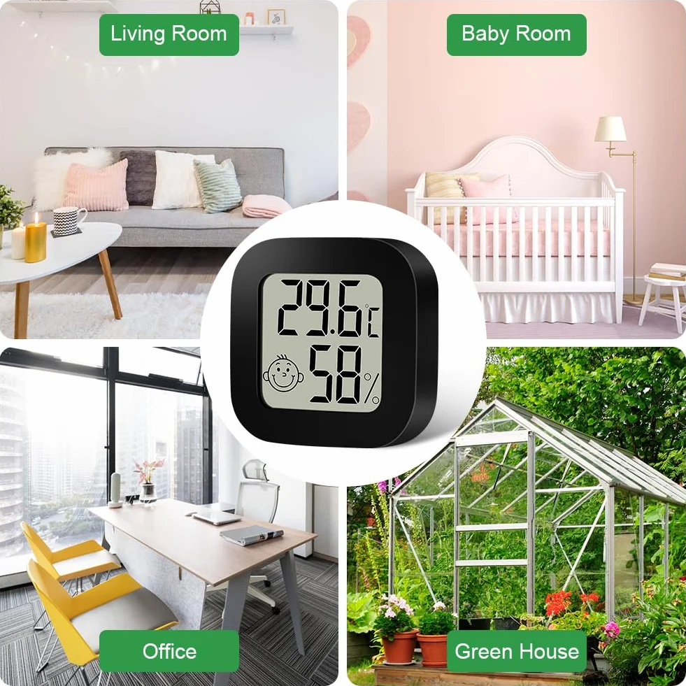 Ainiv Cyfrowy mini higrometr/termometr pokojowy, do pomieszczeń, z wyświetlaczem LCD i ikonami twarzy, z monitorem wilgotności/temperatury, do sypialni, pokoju dziecięcego, samochodu, 4 sztuki