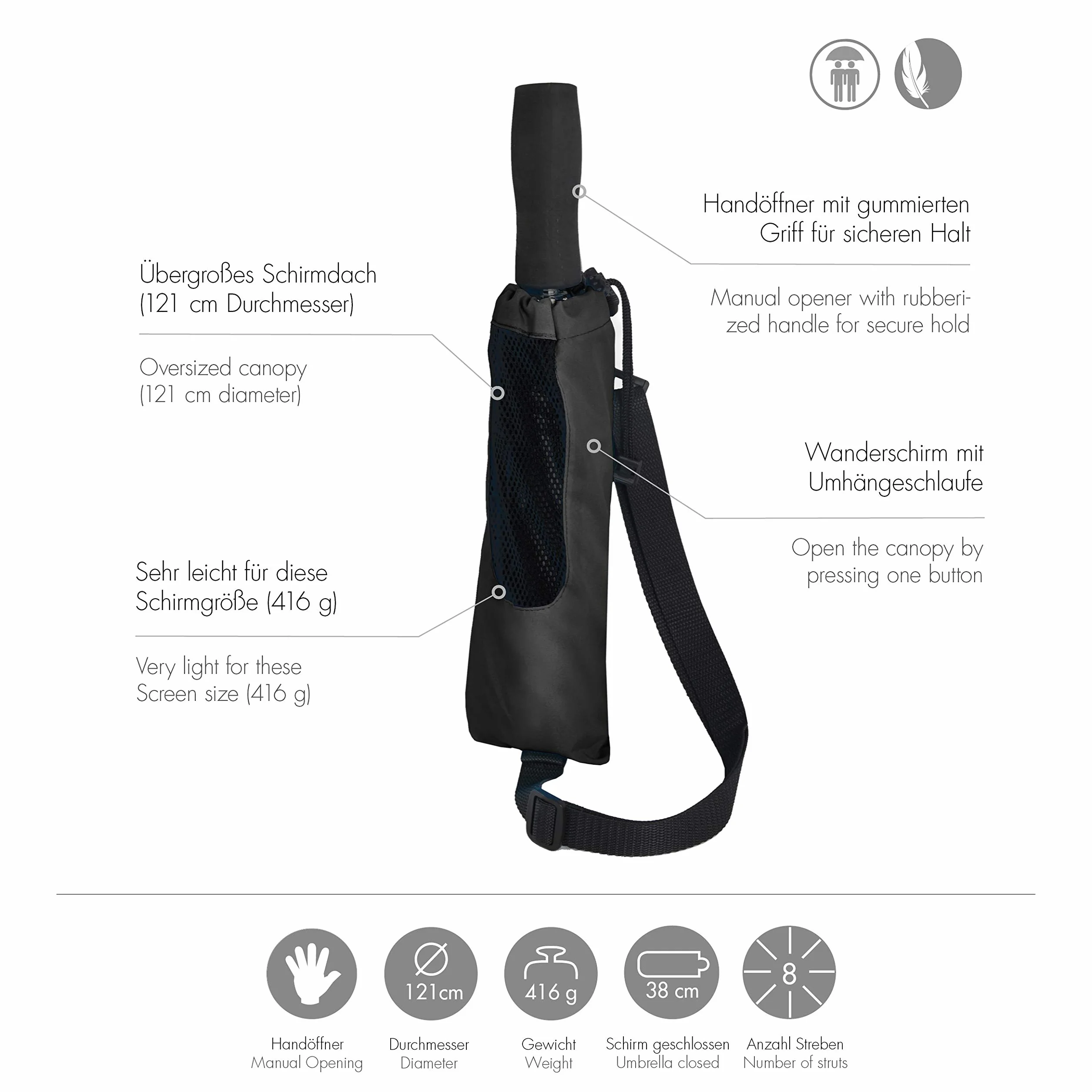 Doppler Fiber Golf Trekking Kieszonkowy parasol z klamrą na ramię