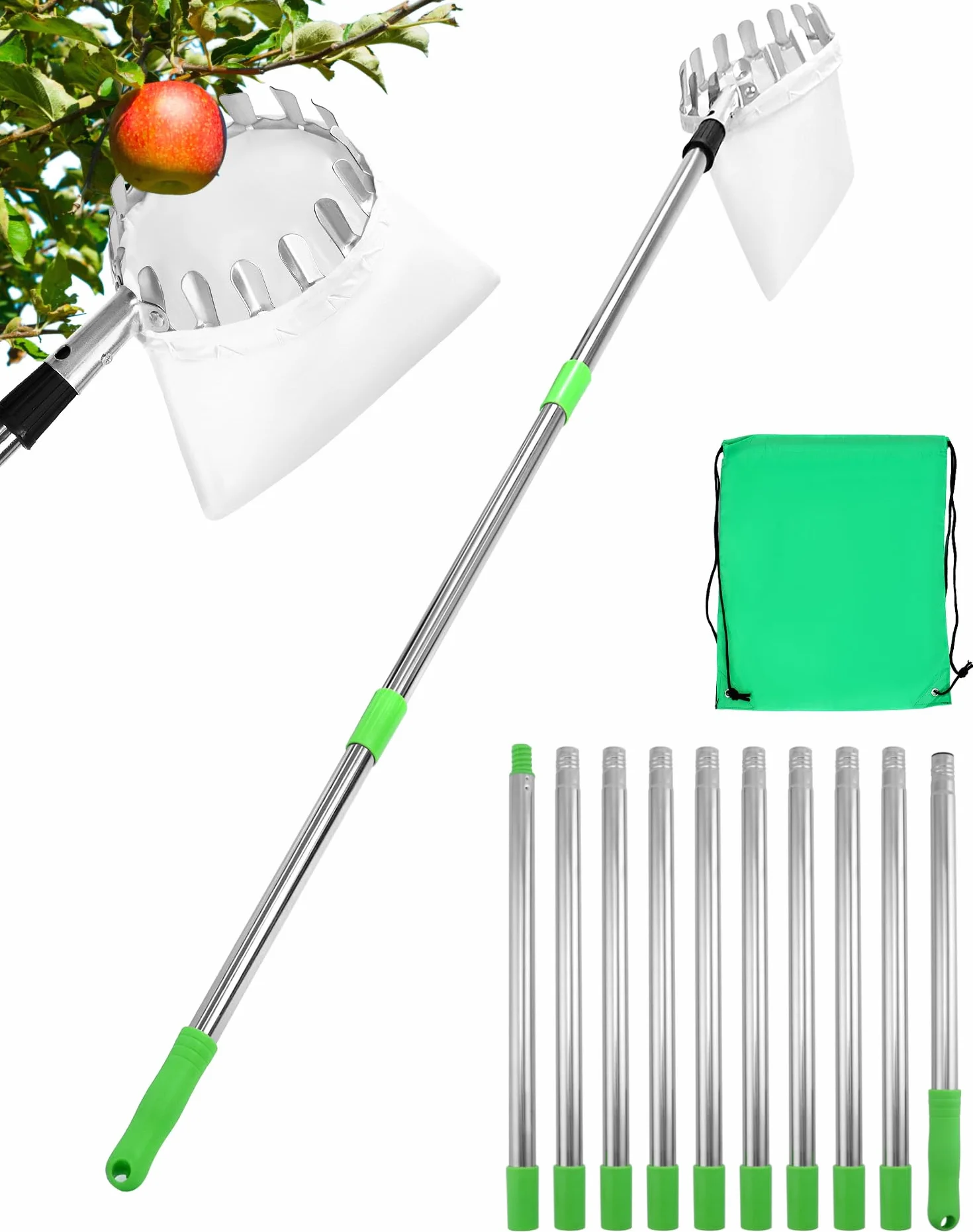 QWORK® Zbierak do owoców 4M z trzonkiem teleskopowym, zbieracz do jabłek, stal nierdzewna, narzędzie do zbierania owoców