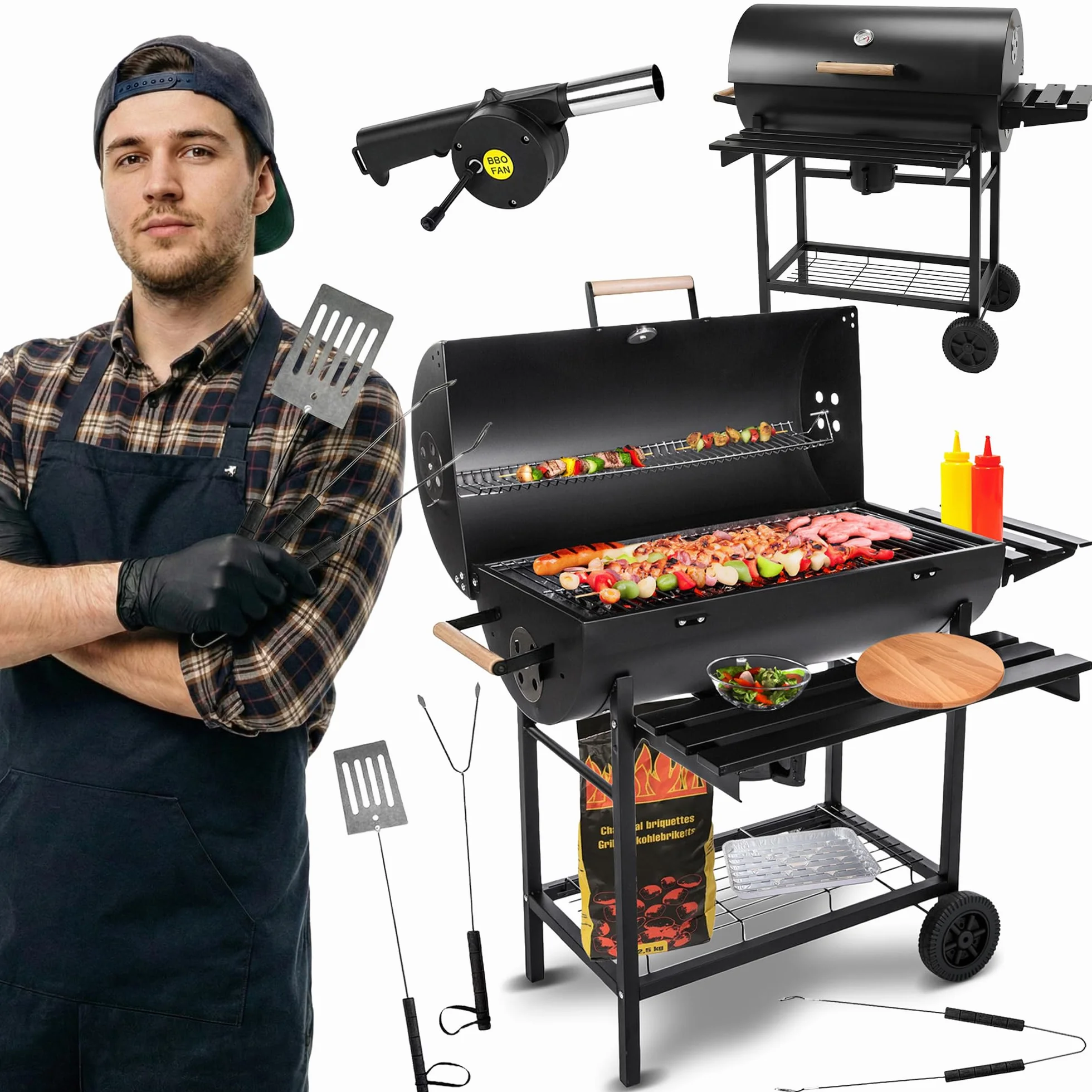 Five-Star Grill & Chill Grill Gril Węglowy - Grill Ogrodowy z Pokrywą, Koła, Półki, Grill Przenośny, powierzchnia rusztu 71 x 35 cm, model GC0002