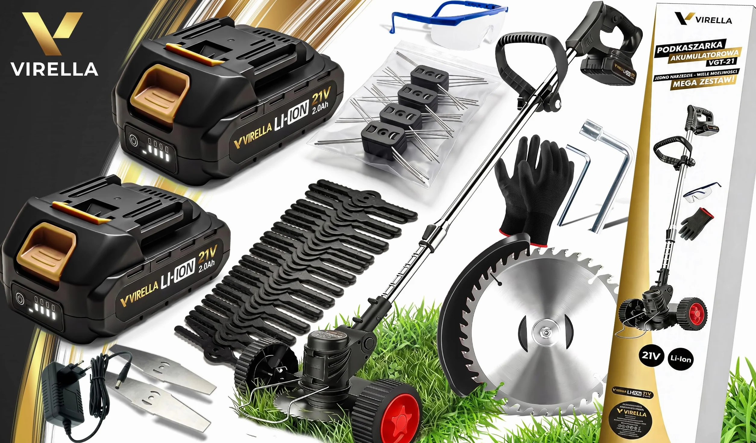 Podkaszarka Akumulatorowa Kosa Wykaszarka Na Kołach 2x 21V 2Ah 1000W 9000 RPM Regulowana Elektryczna Zestaw 53w1 Noże Żyłki Tarcza Kółka Ładowarka Okulary Rękawiczki Do Ogrodu