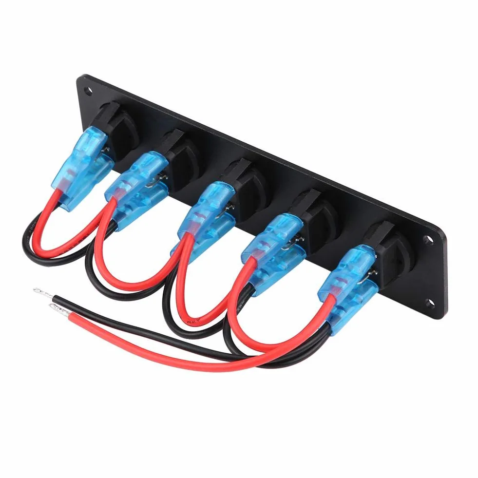 Keenso Panel przełącznika kołyskowego 12 V / 24 V, wodoodporny, 5 Gwintowany okrągły przełącznik Dash Blue LED do kampera, łodzi, jachtu morskiego, 12 V, gniazdko elektryczne