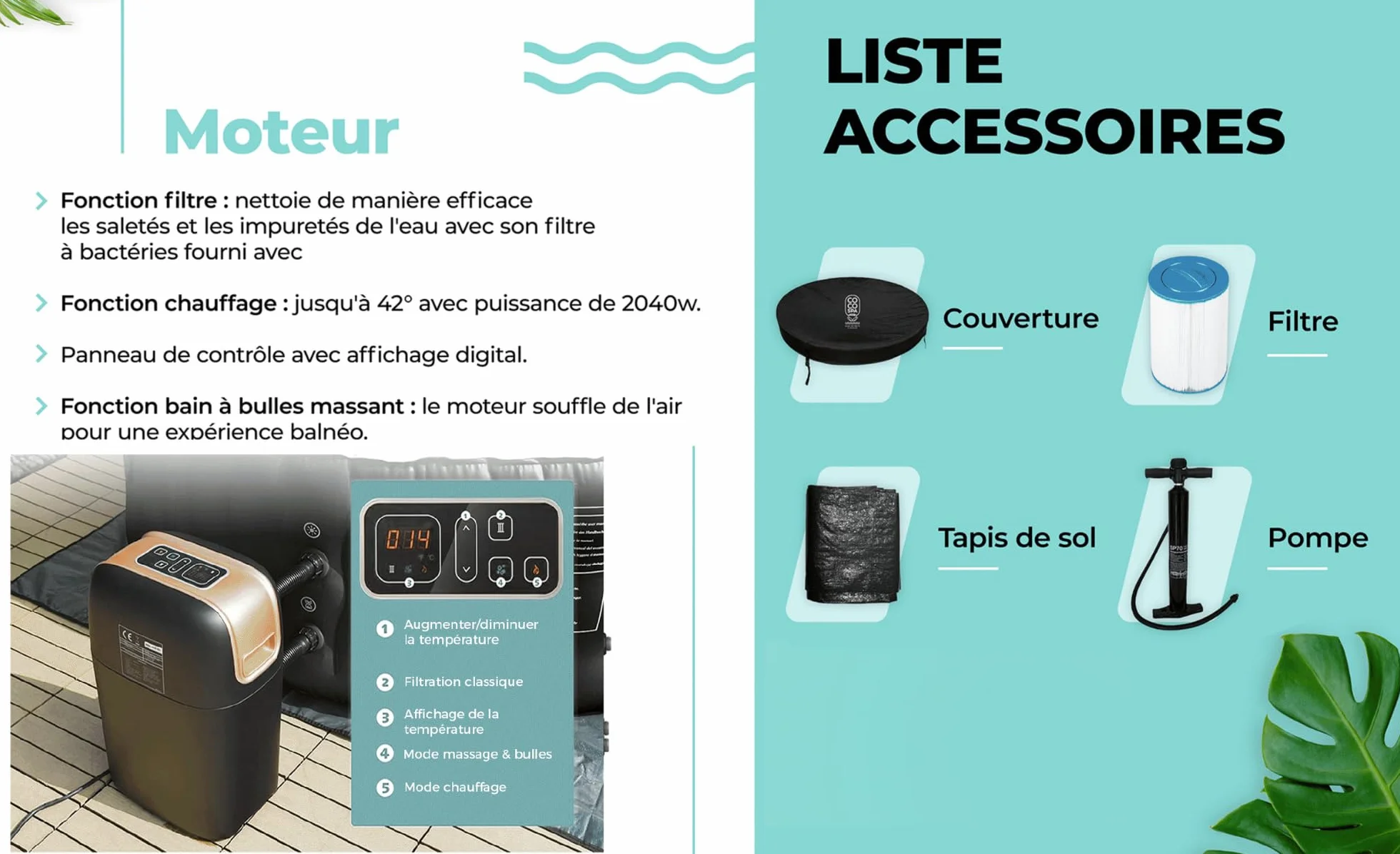 COCO SPA Exotik Spa nadmuchiwana średnica 150 cm, 800 l, silnik 2240 W, dla 2 do 4 osób, 140 dysz do masażu