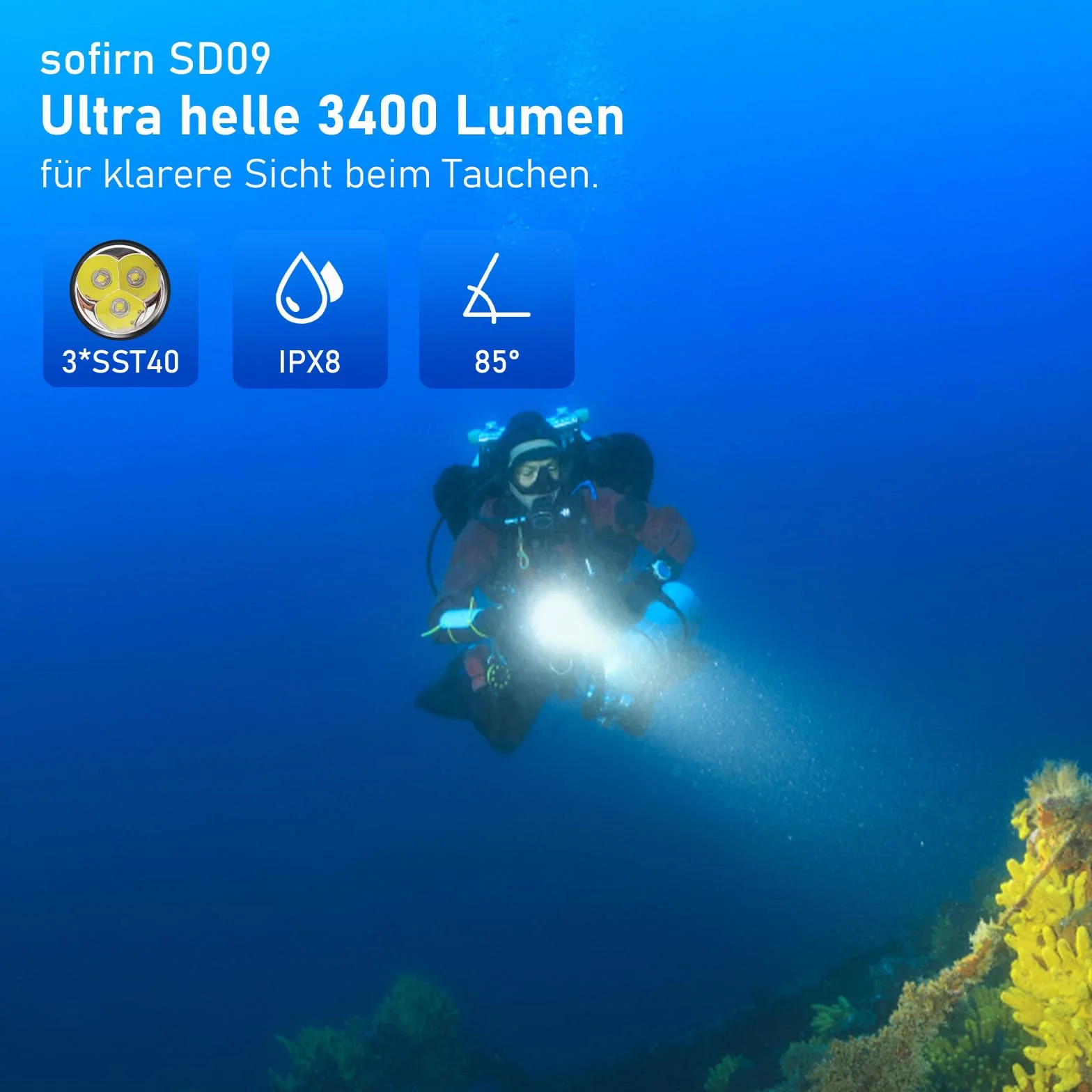 sofirn SD09 3400 Lumenów Lampa do nurkowania 100 m Latarka LED Wodoodporna latarka do nurkowania IPX8 Profesjonalne światło zatapialne
